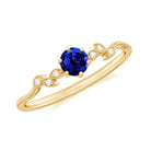 Round Created Blue Sapphire Minimal Leaf Promise Ring with Diamond in Gold Lab Created Blue Sapphire - ( AAAA ) - Quality - Rosec Jewels