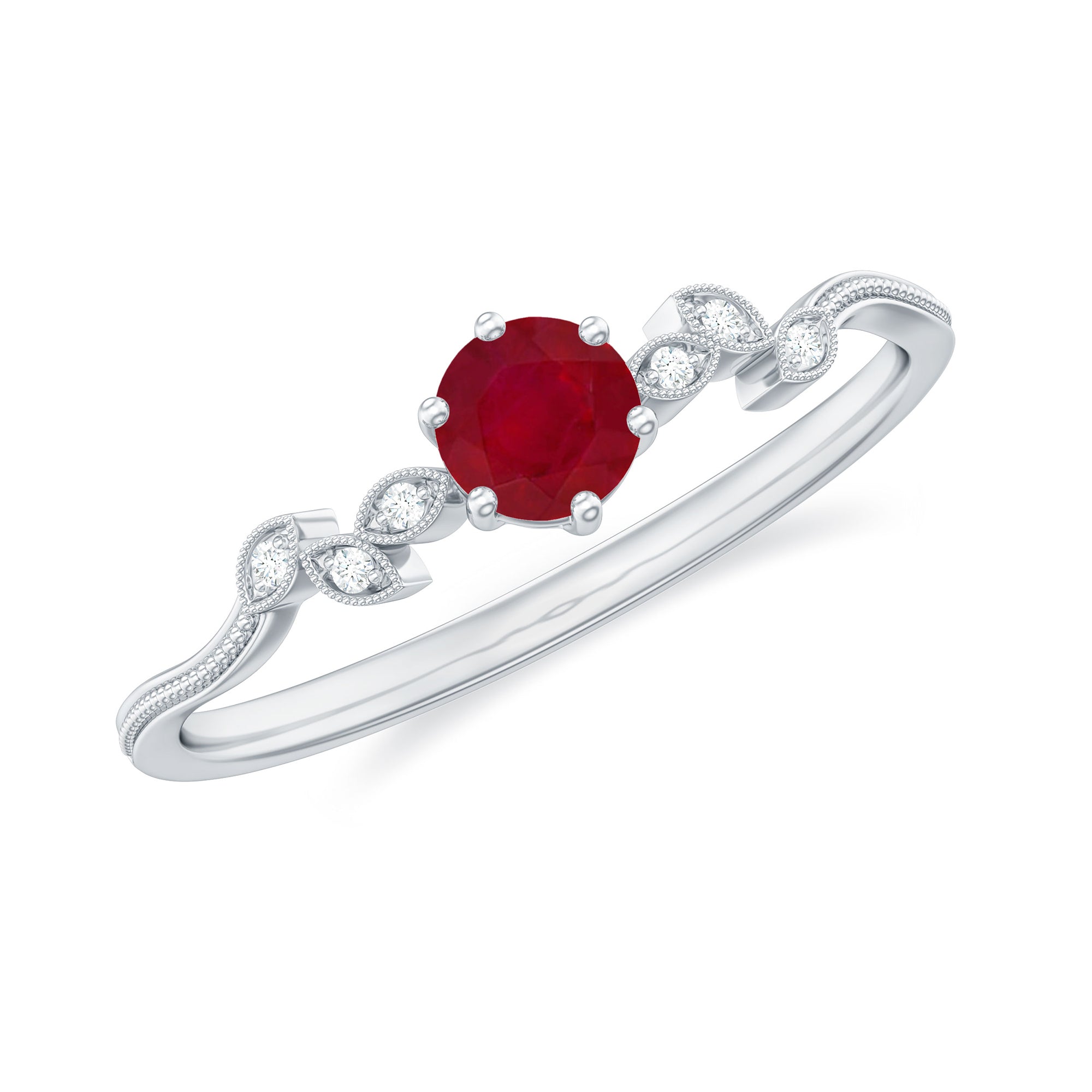 Ruby and Diamond Leaf Branch Promise Ring Ruby - ( AAA ) - Quality - Rosec Jewels