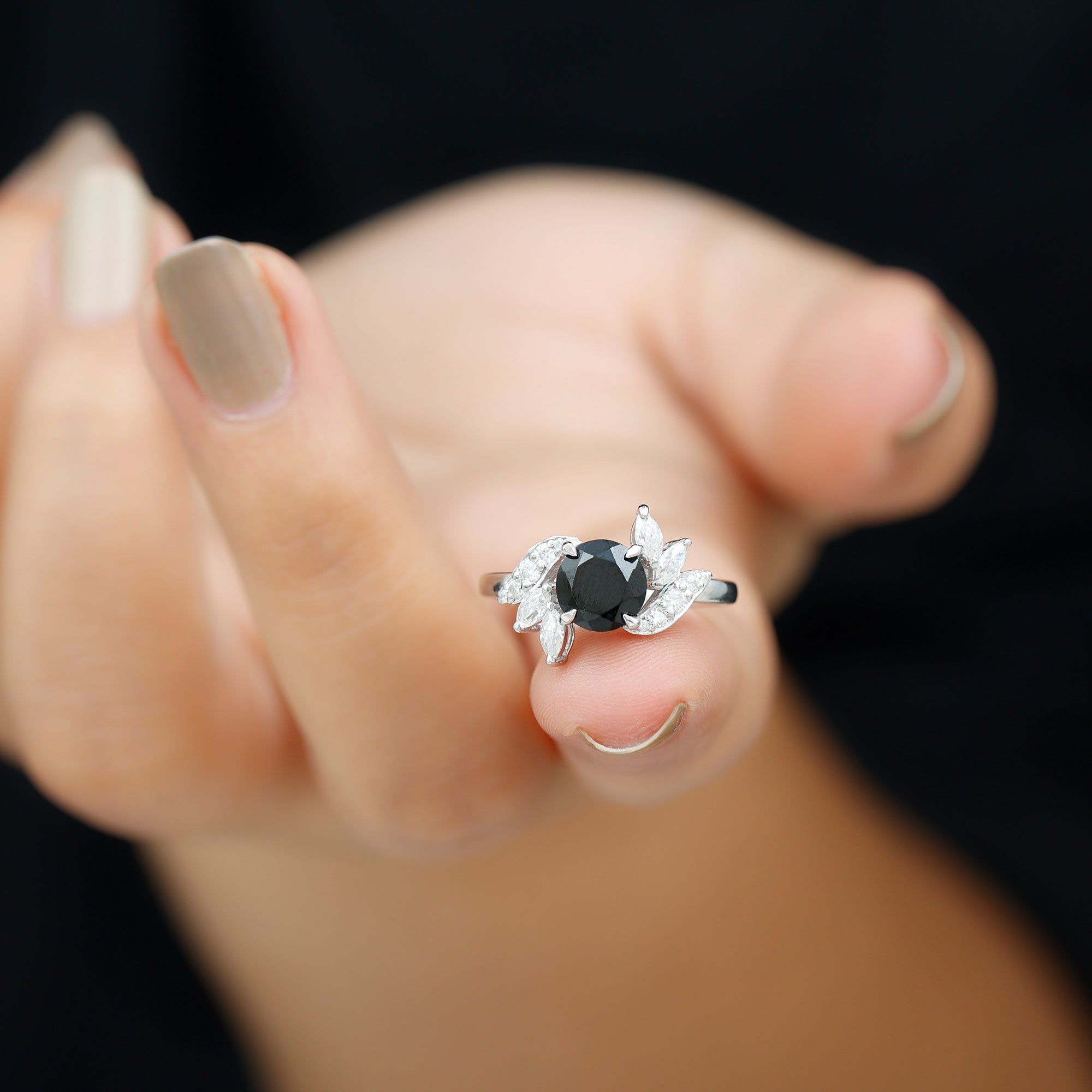 2 CT Black Spinel Flower Engagement Ring with Diamond Black Spinel - ( AAA ) - Quality - Rosec Jewels