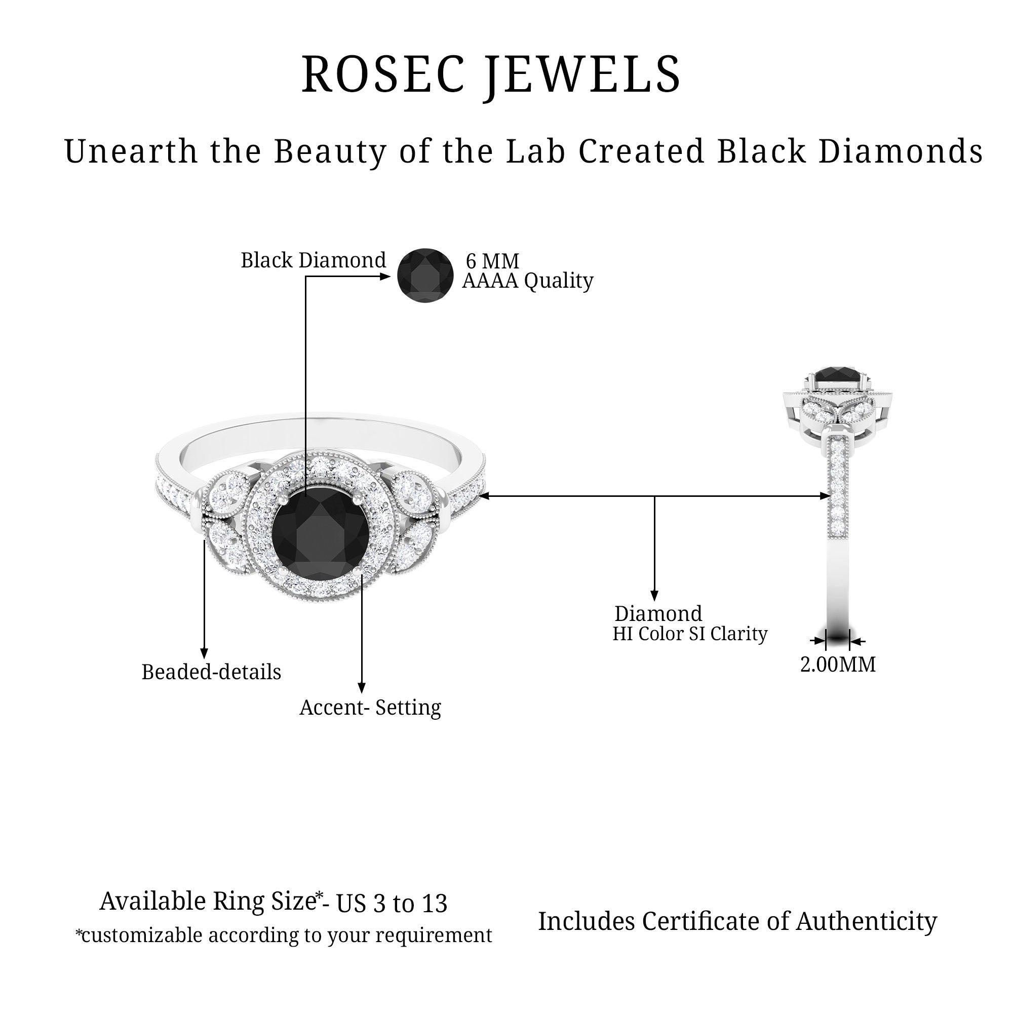 Certified Created Black Diamond Vintage Style Engagement Ring with Diamond Lab Created Black Diamond - ( AAAA ) - Quality - Rosec Jewels