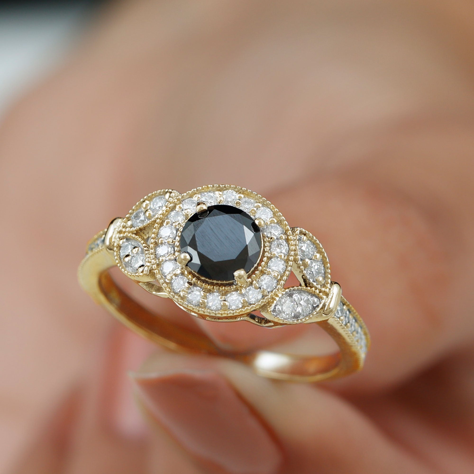 Vintage Inspired Black Onyx and Diamond Engagement Ring Black Onyx - ( AAA ) - Quality - Rosec Jewels