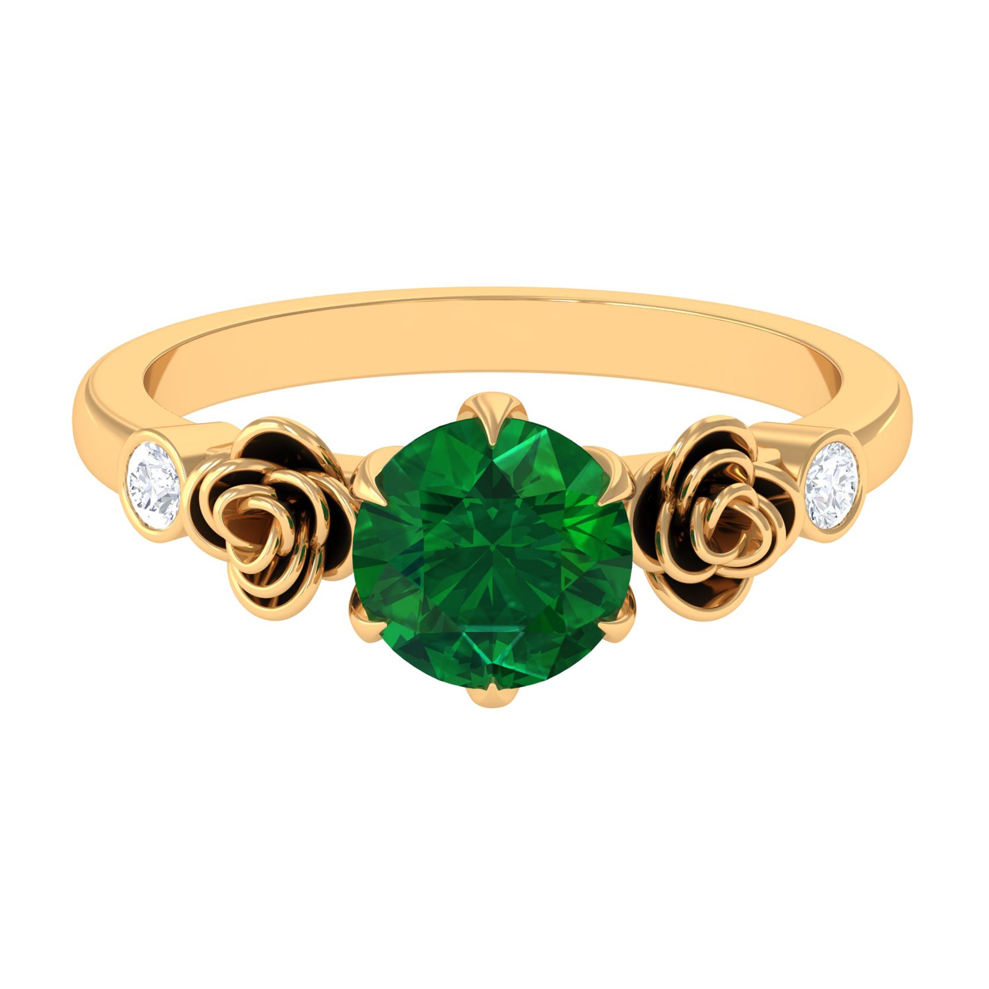 2.5 CT Solitaire Created Emerald Flower Ring with Diamond Lab Created Emerald - ( AAAA ) - Quality - Rosec Jewels