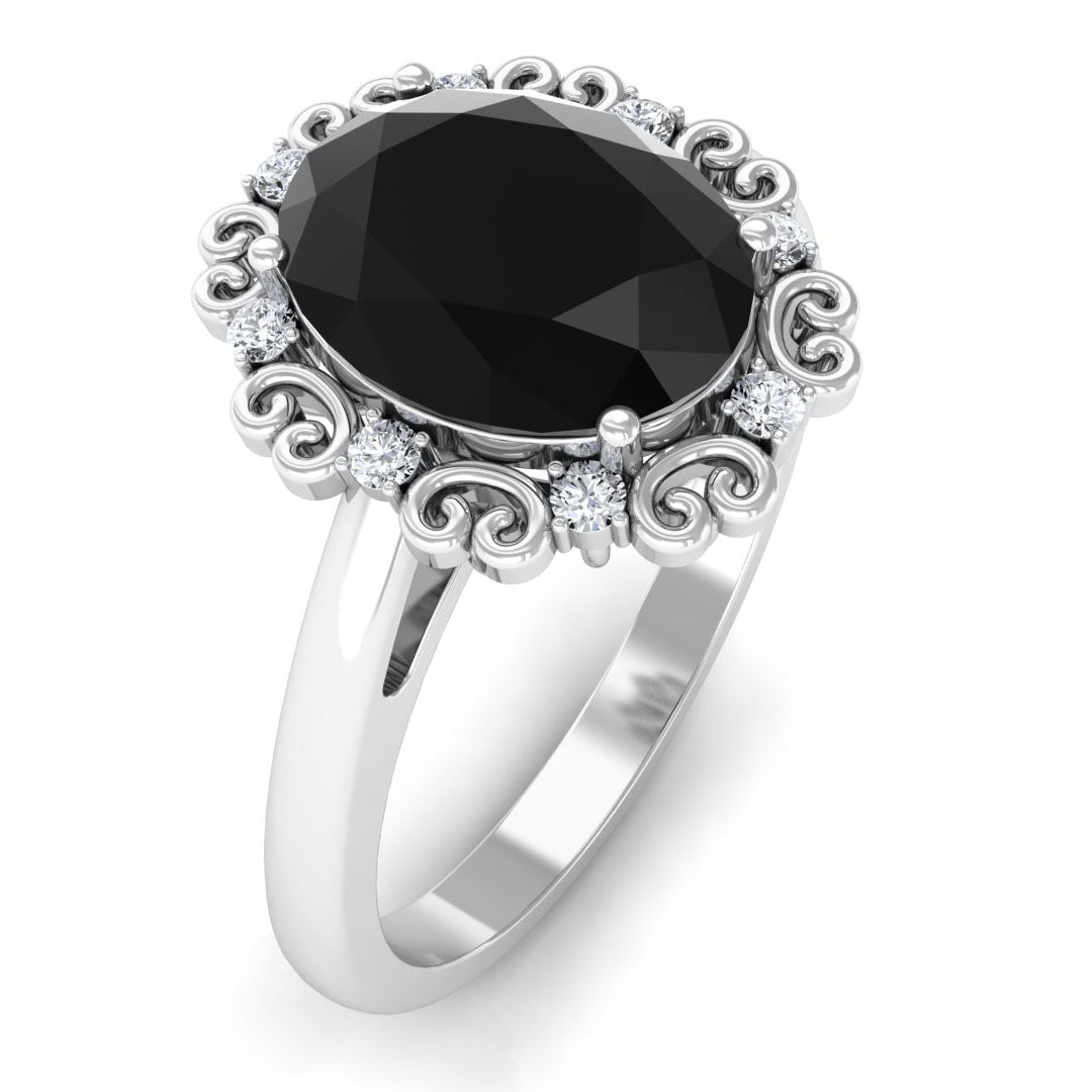 Lab Grown Black Diamond Oval Engagement Ring with Diamond Lab Created Black Diamond - ( AAAA ) - Quality - Rosec Jewels