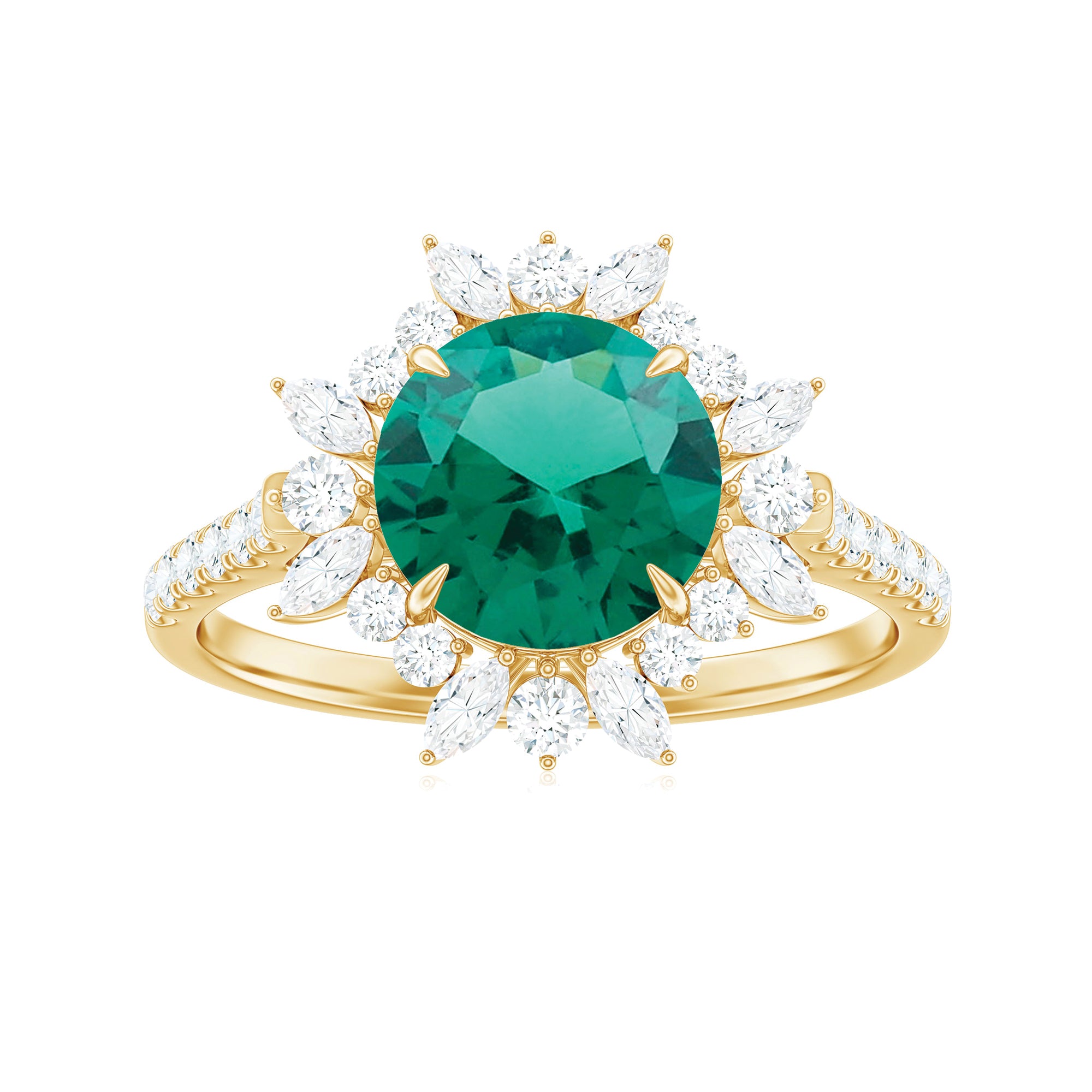 Lab-Created Emerald Cocktail Ring with Moissanite Floral Halo Lab Created Emerald - ( AAAA ) - Quality - Rosec Jewels