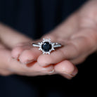 Round Created Black Diamond Statement Ring with Moissanite Floral Halo Lab Created Black Diamond - ( AAAA ) - Quality - Rosec Jewels