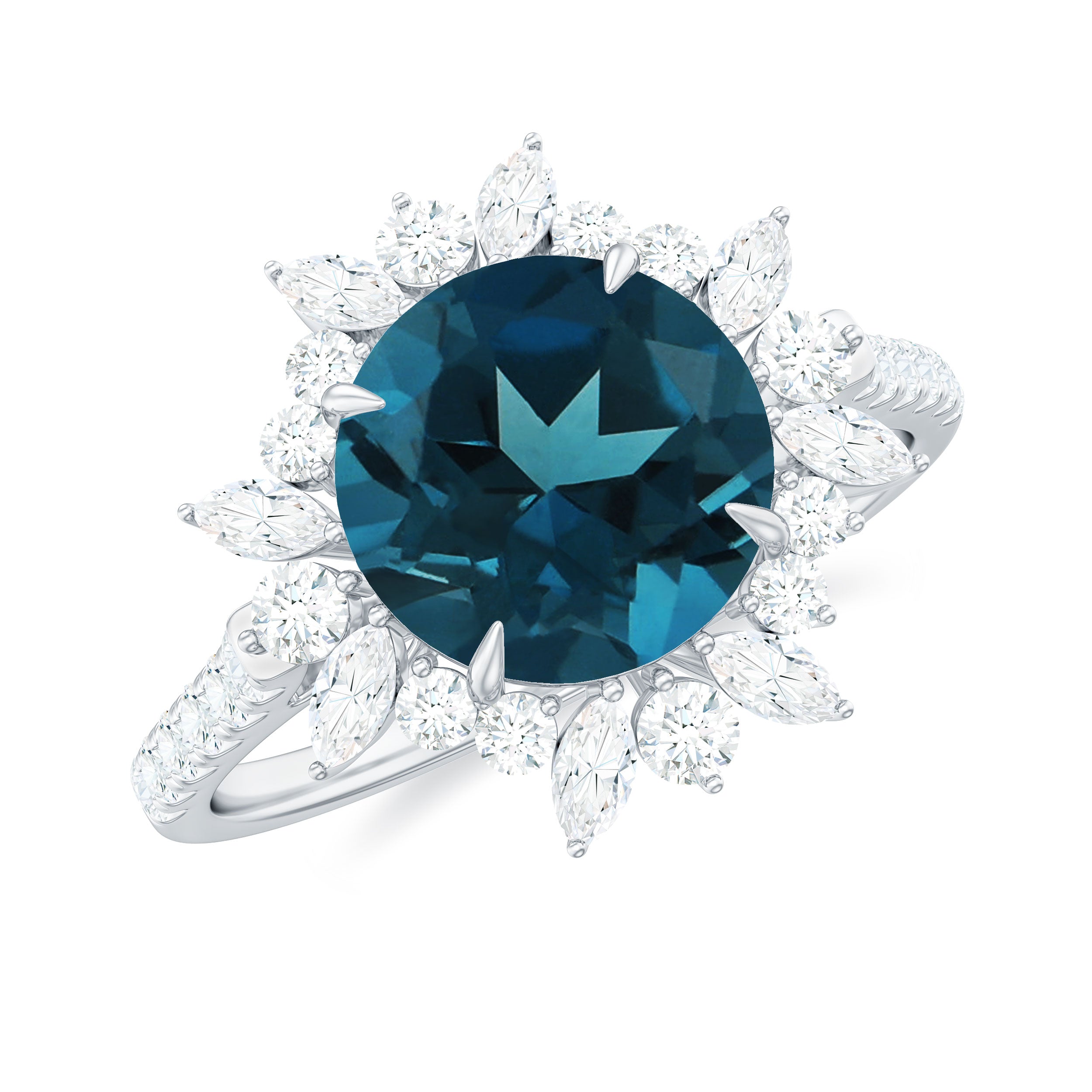 3 CT London Blue Topaz Cocktail Ring with Diamond Floral Halo London Blue Topaz - ( AAA ) - Quality - Rosec Jewels