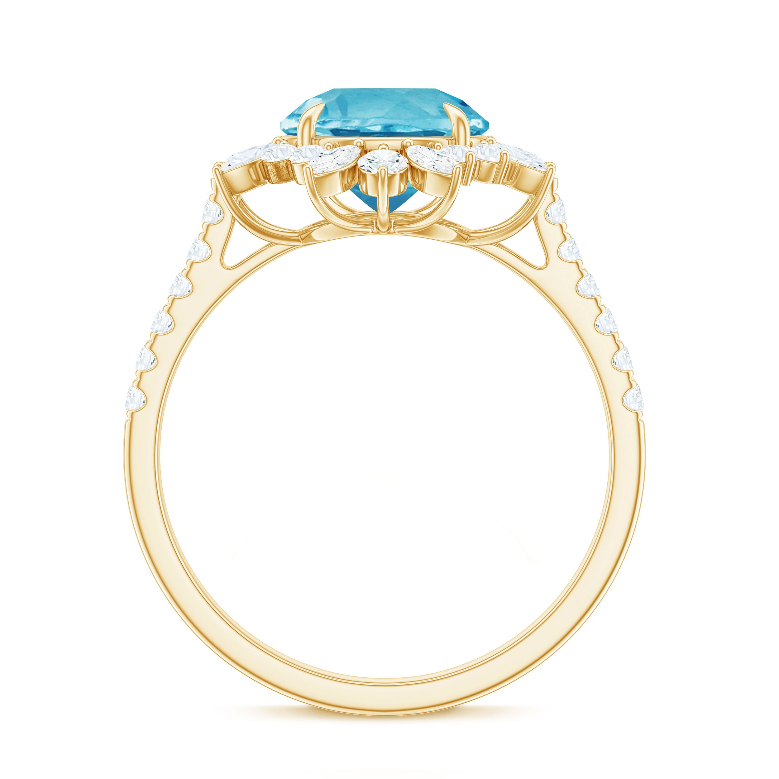 Round Swiss Blue Topaz Statement Ring with Moissanite Floral Halo Swiss Blue Topaz - ( AAA ) - Quality - Rosec Jewels