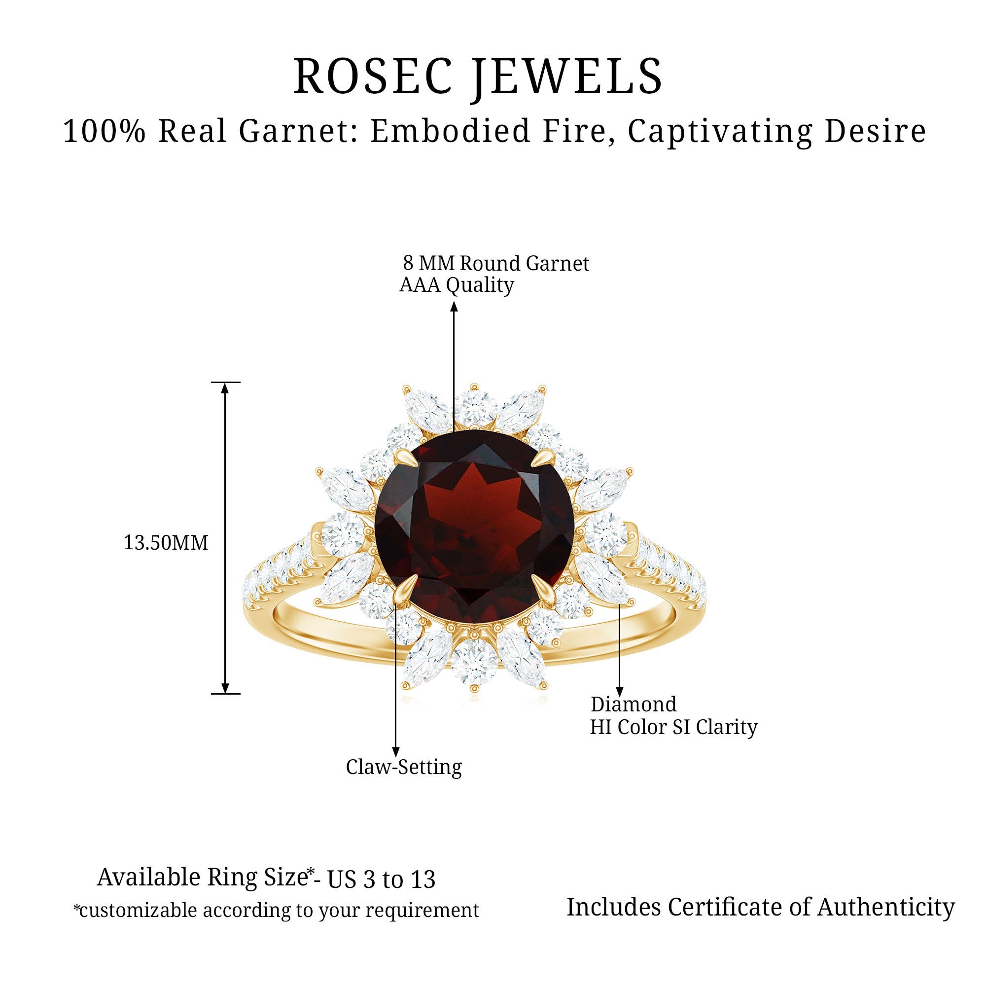 Round Garnet Statement Ring with Diamond Floral Halo Garnet - ( AAA ) - Quality - Rosec Jewels