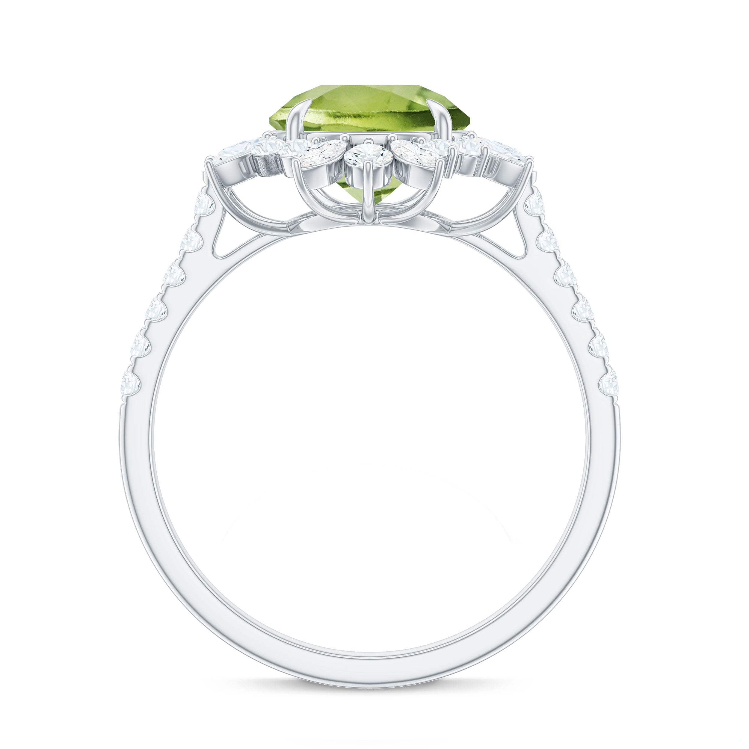 Round Peridot Statement Ring with Moissanite Floral Halo Peridot - ( AAA ) - Quality - Rosec Jewels