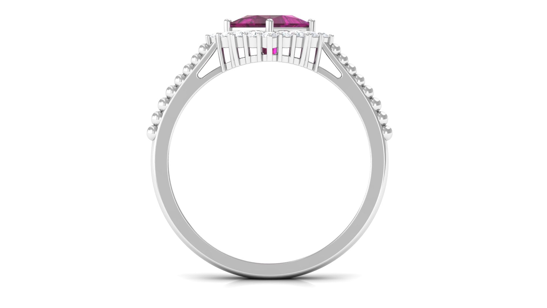 Princess Cut Rhodolite and Moissanite Halo Ring with Beaded Gold Rhodolite - ( AAA ) - Quality - Rosec Jewels