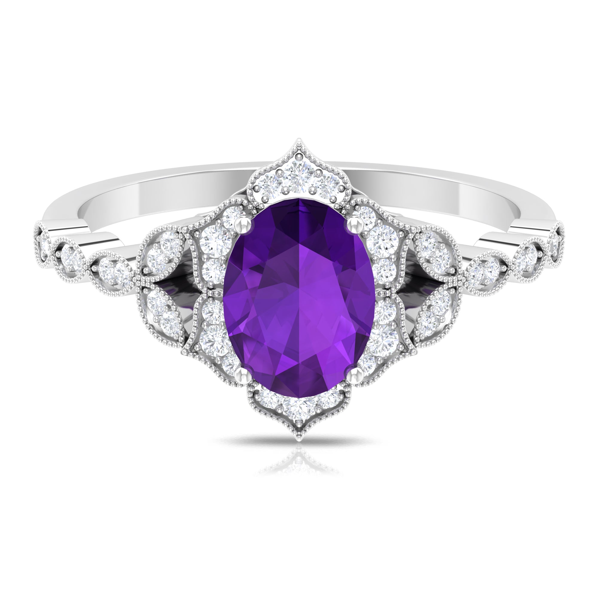 Solitaire Amethyst Engagement Ring with Diamond Accent Amethyst - ( AAA ) - Quality - Rosec Jewels