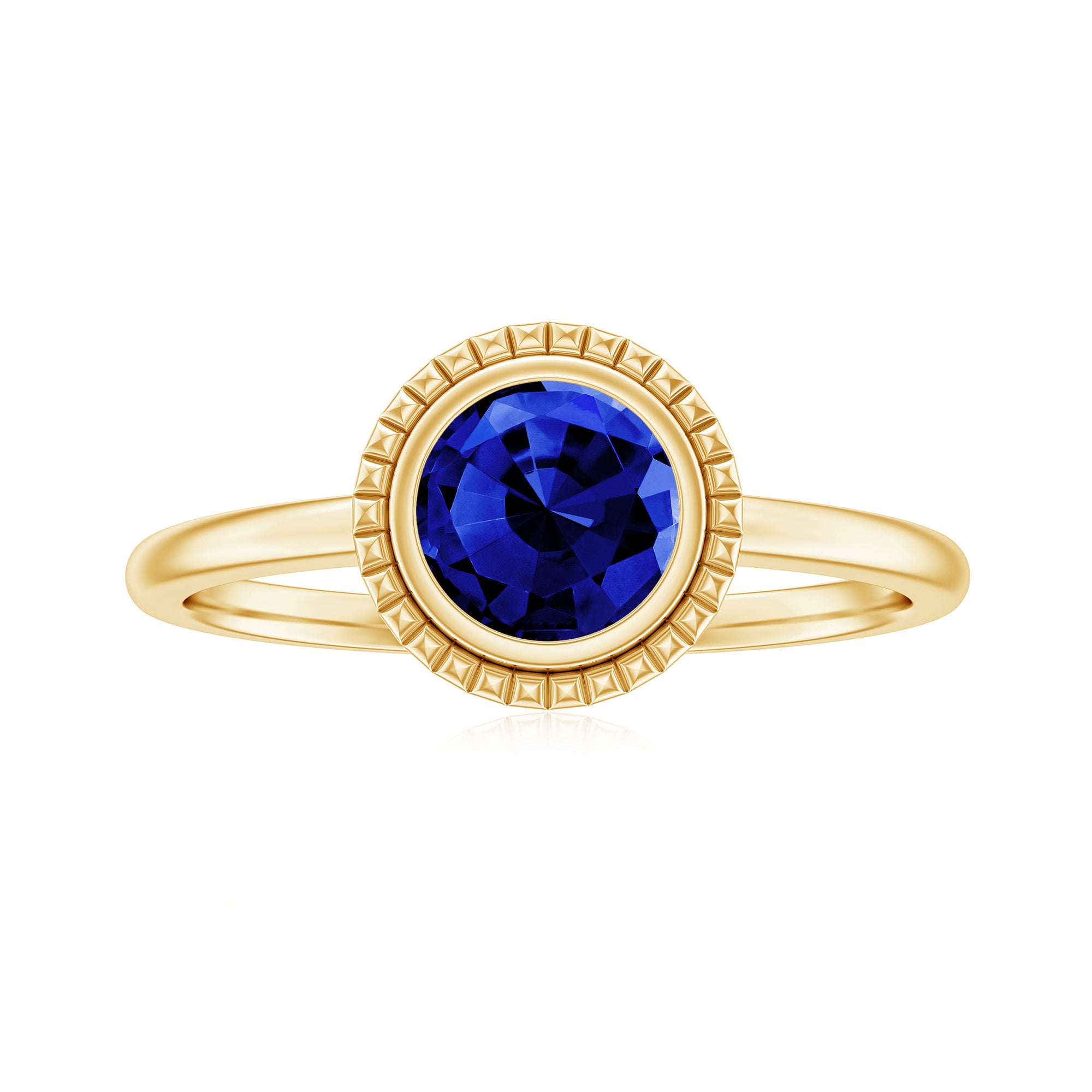 Round Lab-Created Blue Sapphire Solitaire Gold Ring in Bezel Setting Lab Created Blue Sapphire - ( AAAA ) - Quality - Rosec Jewels