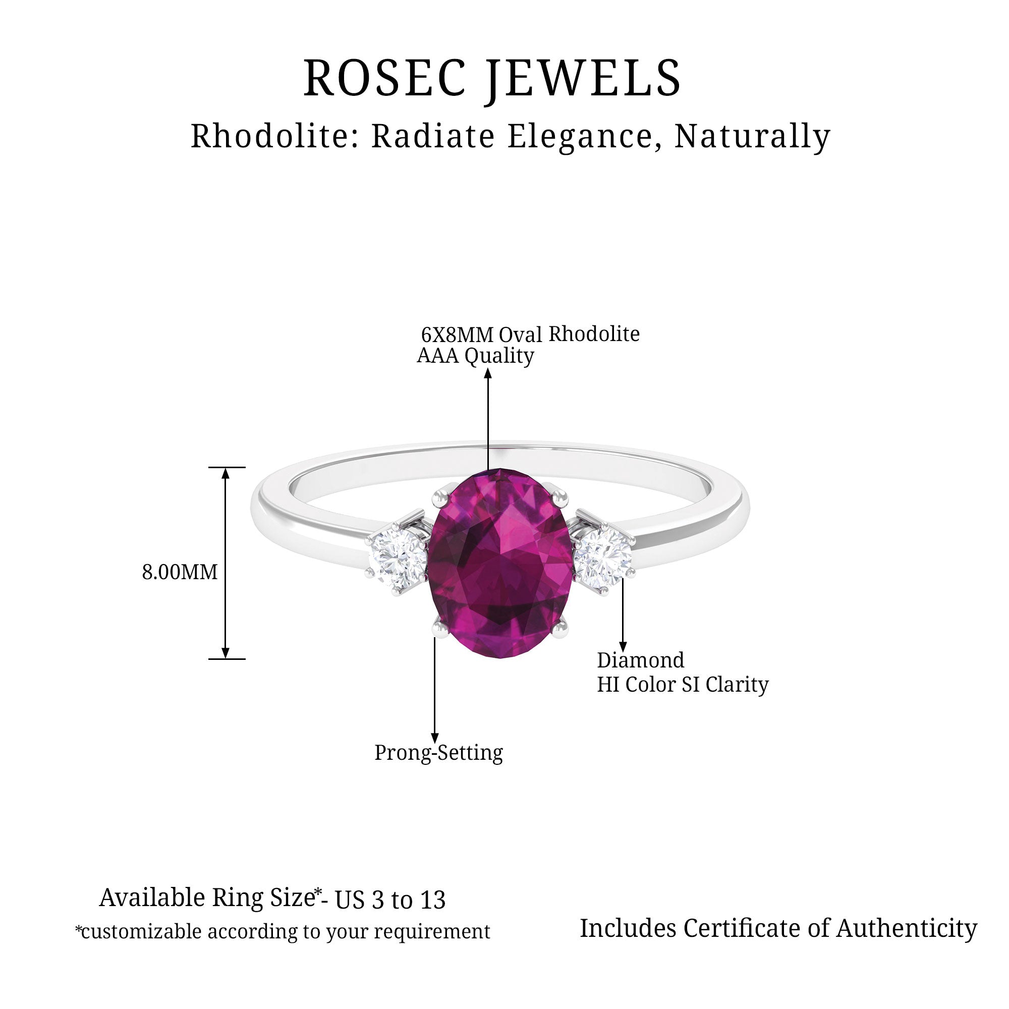 1.75 CT Oval Rhodolite Solitaire Engagement Ring with Moissanite in Gold Rhodolite - ( AAA ) - Quality - Rosec Jewels