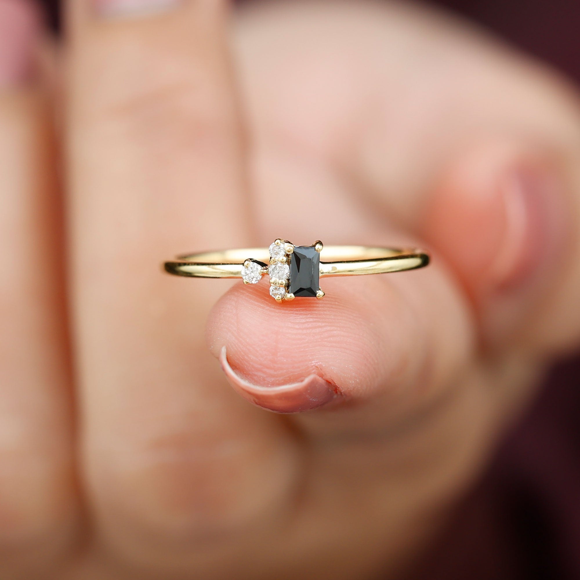 Dainty Promise Ring with Octagon Cut Black Spinel and Diamond Black Spinel - ( AAA ) - Quality - Rosec Jewels