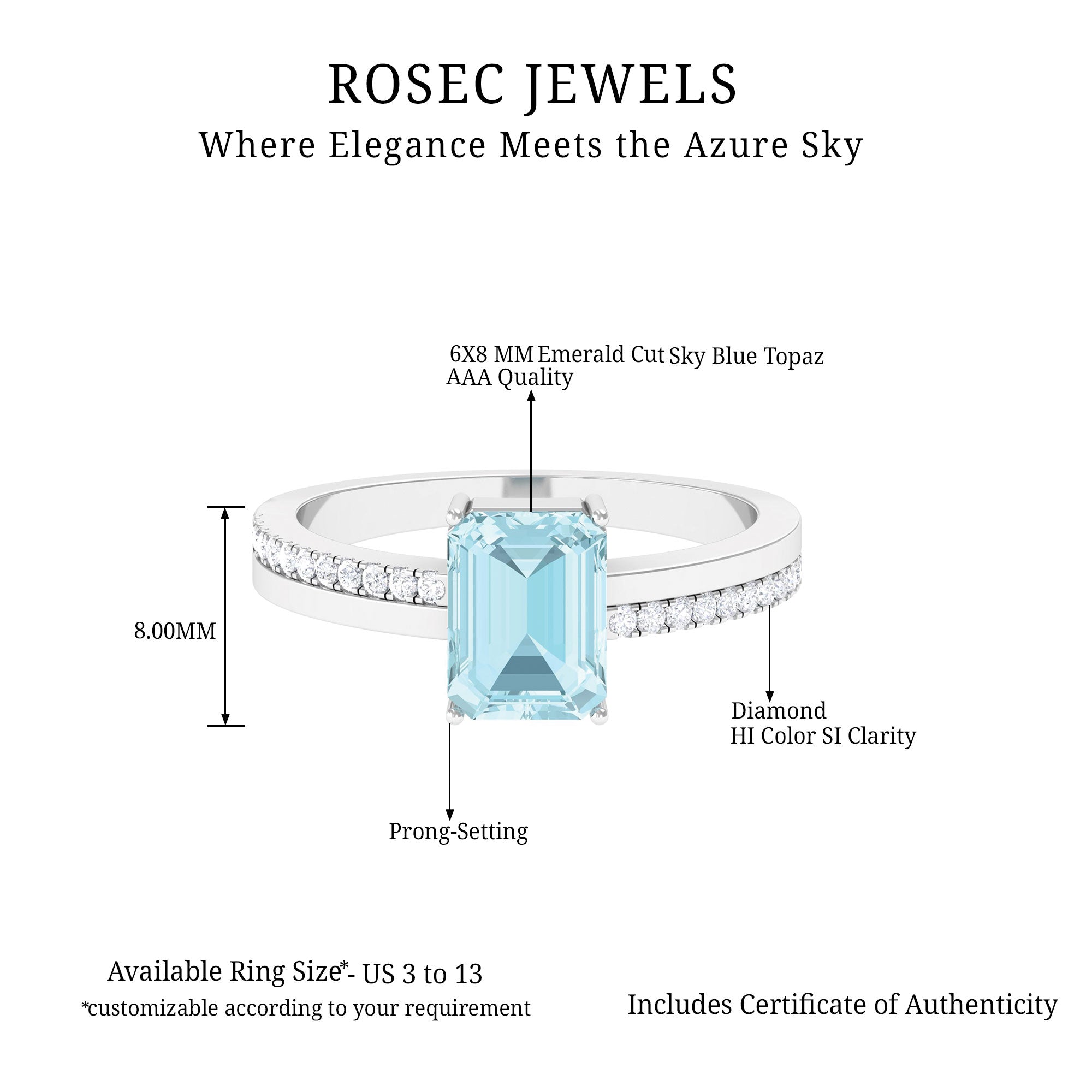 Solitaire Engagement Ring with Emerald Cut Sky Blue Topaz and Diamond Sky Blue Topaz - ( AAA ) - Quality - Rosec Jewels