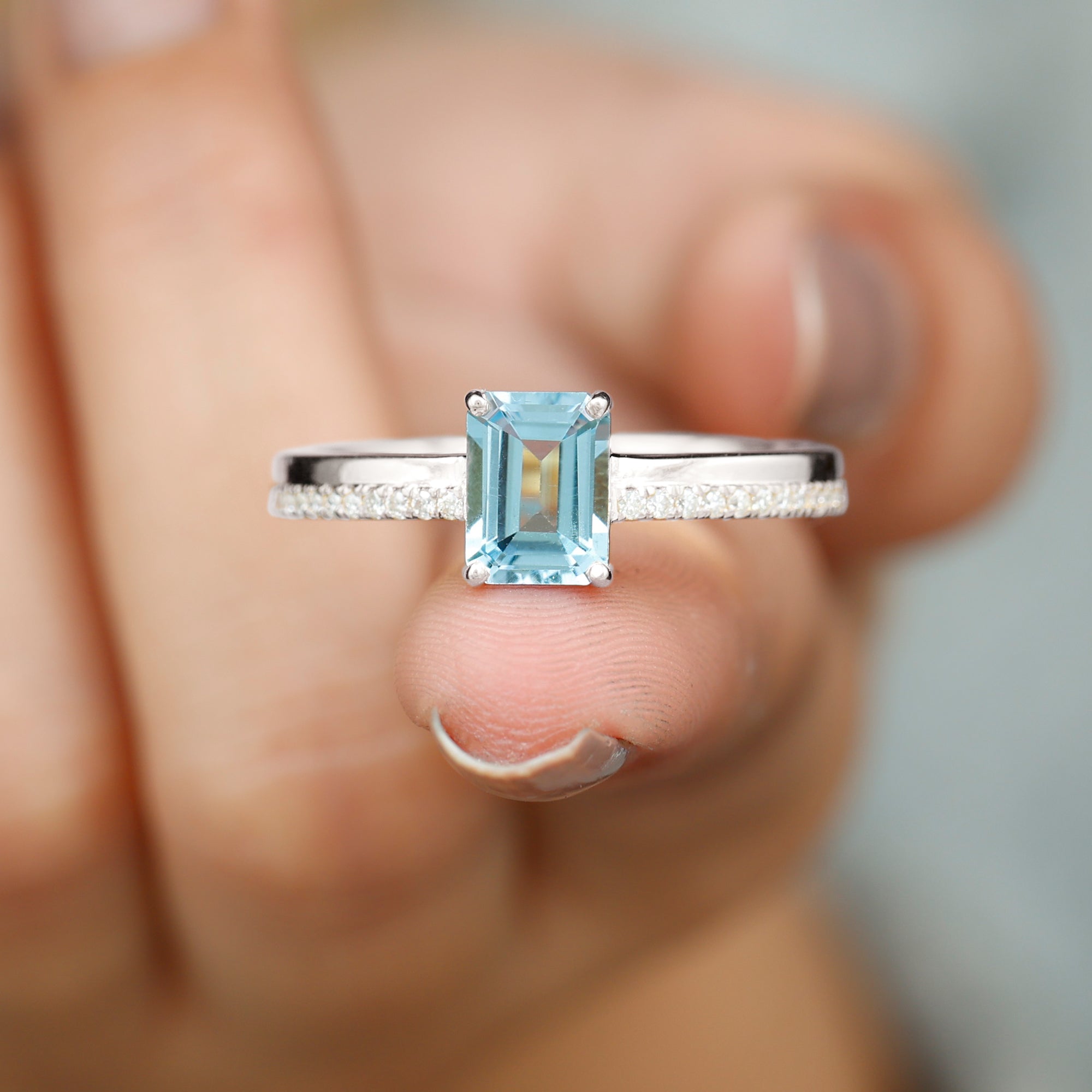 Solitaire Engagement Ring with Emerald Cut Sky Blue Topaz and Diamond Sky Blue Topaz - ( AAA ) - Quality - Rosec Jewels