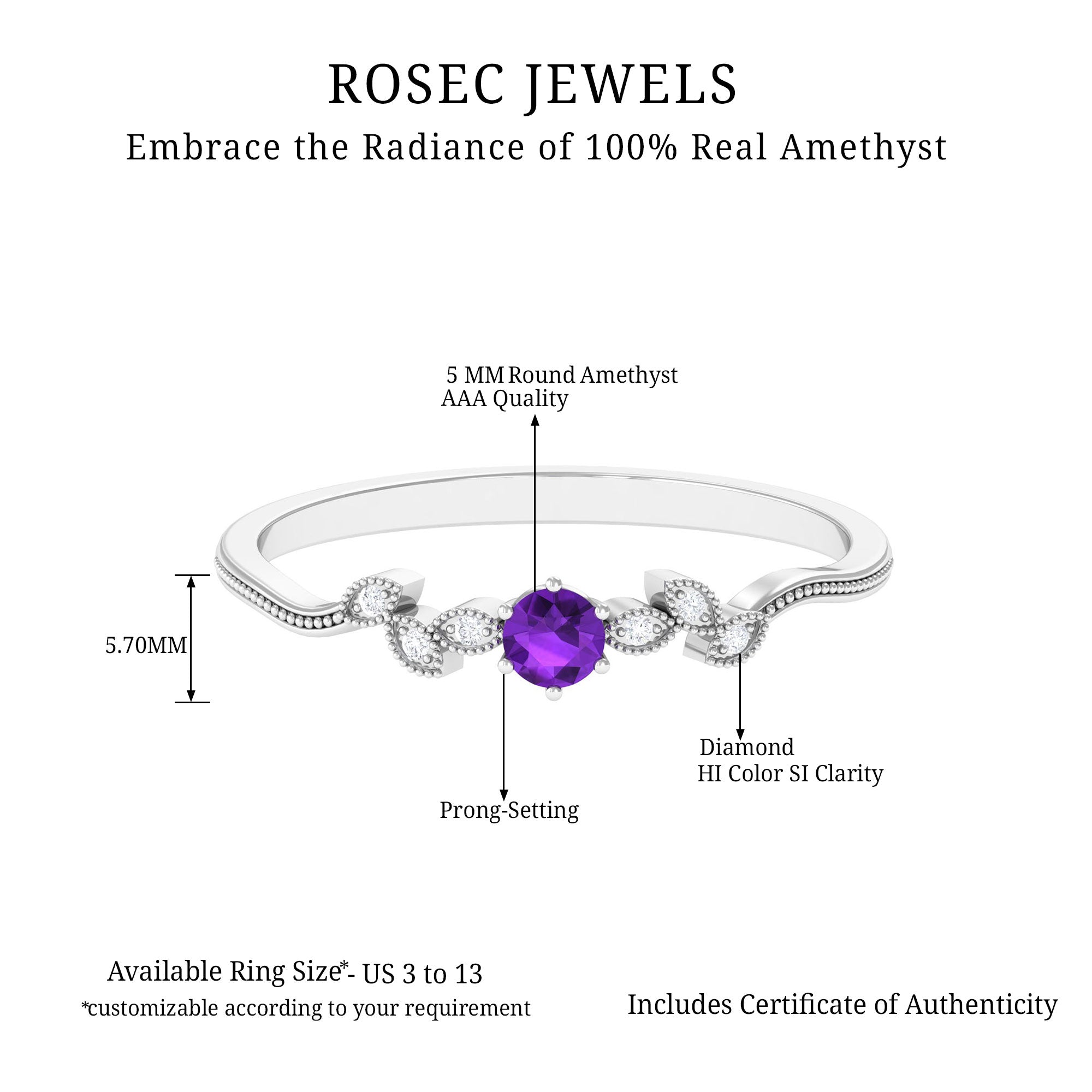 Amethyst and Diamond Leaf Promise Ring with Beaded Detailing Amethyst - ( AAA ) - Quality - Rosec Jewels