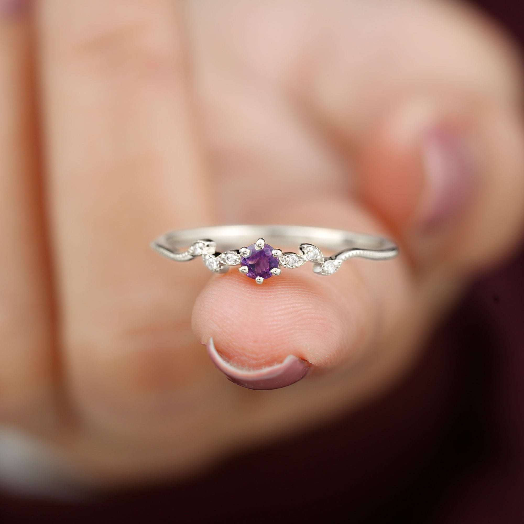 Amethyst and Diamond Leaf Promise Ring with Beaded Detailing Amethyst - ( AAA ) - Quality - Rosec Jewels