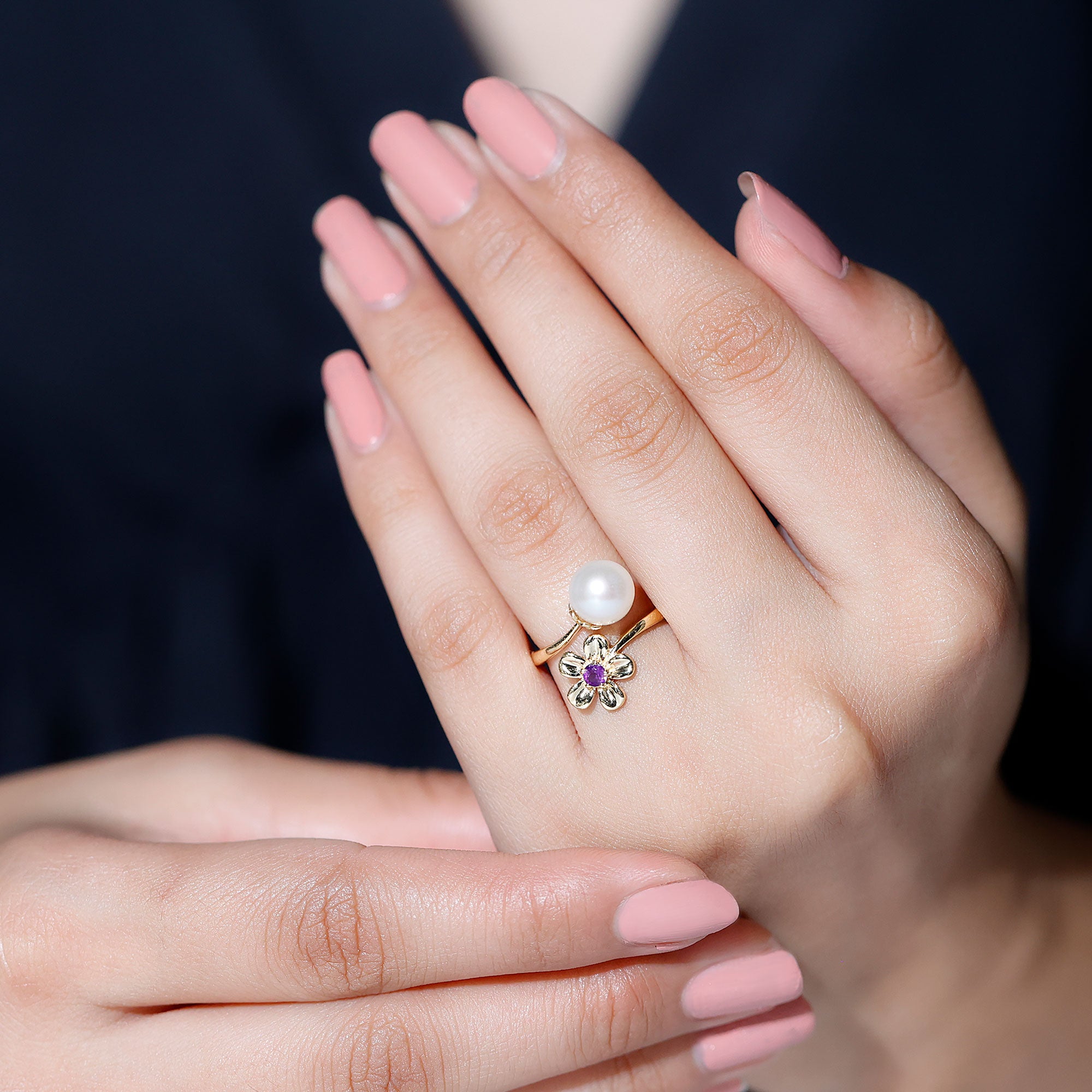 Freshwater Pearl and Amethyst Floral Toi Et Moi Ring Amethyst - ( AAA ) - Quality - Rosec Jewels