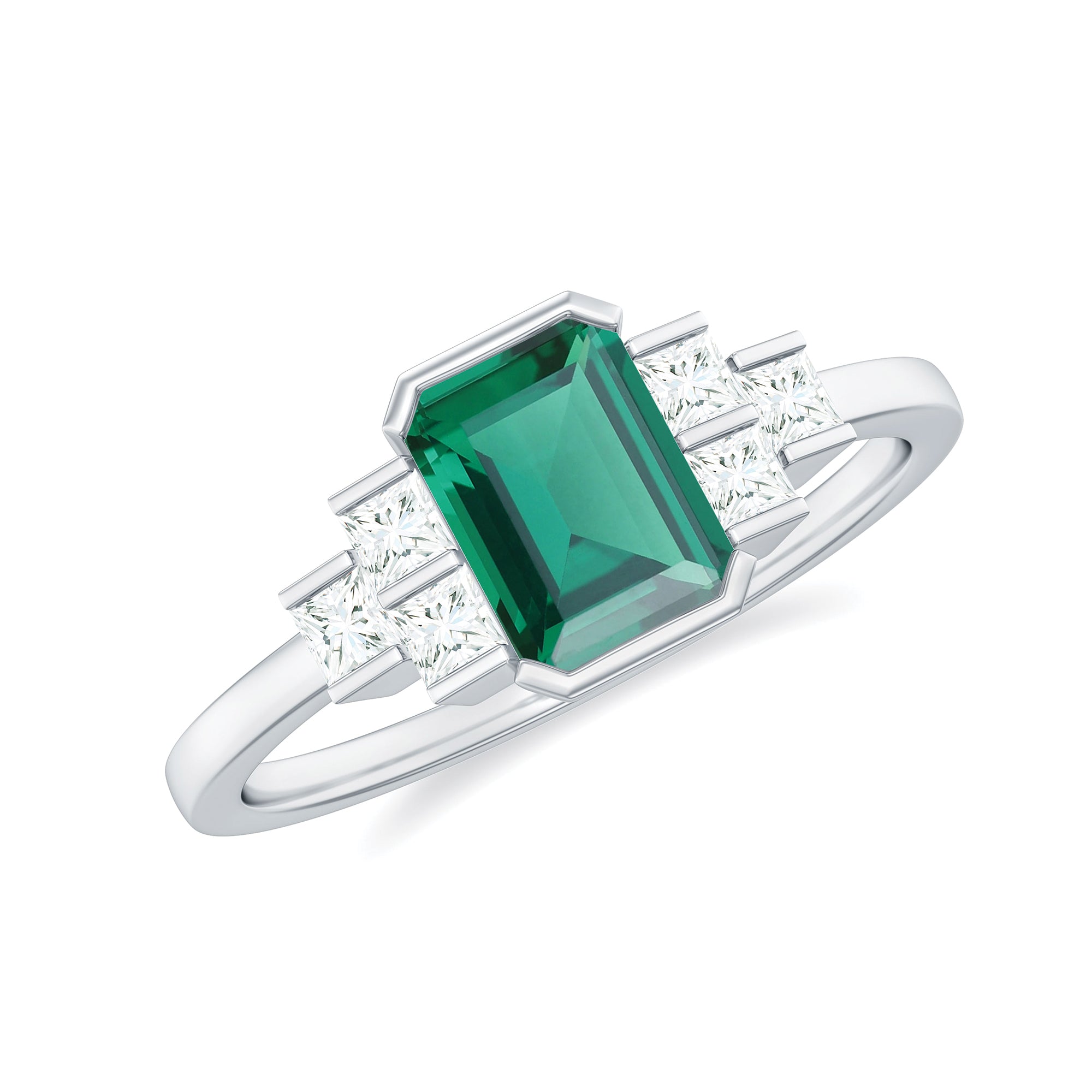 Half Bezel Set Lab Grown Emerald and Diamond Engagement Ring Lab Created Emerald - ( AAAA ) - Quality - Rosec Jewels