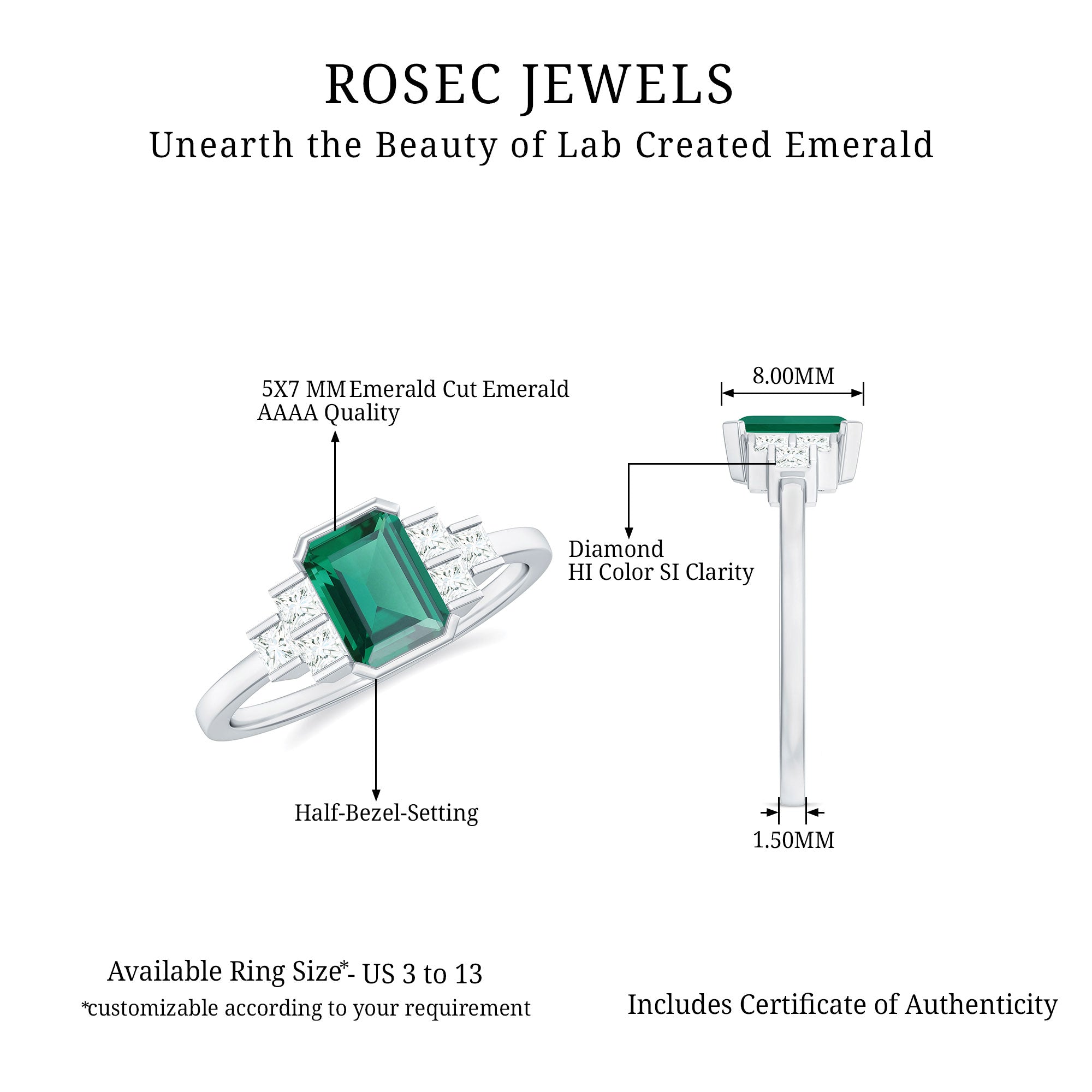 Half Bezel Set Lab Grown Emerald and Diamond Engagement Ring Lab Created Emerald - ( AAAA ) - Quality - Rosec Jewels