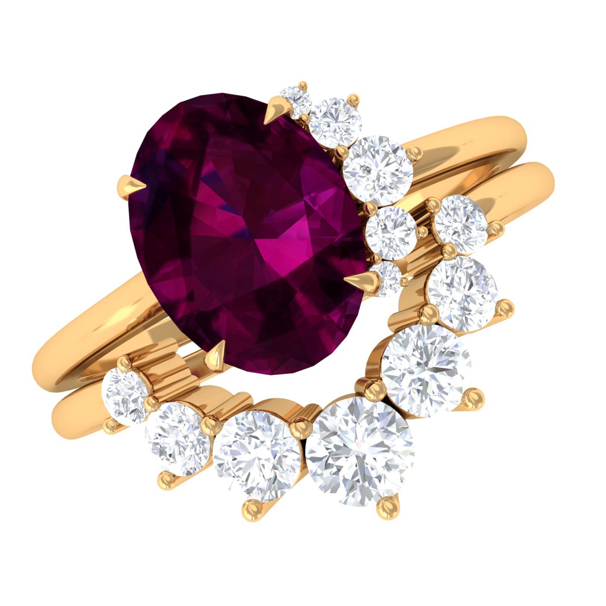 Oval Rhodolite Solitaire Wedding Ring Set with Diamond Rhodolite - ( AAA ) - Quality - Rosec Jewels