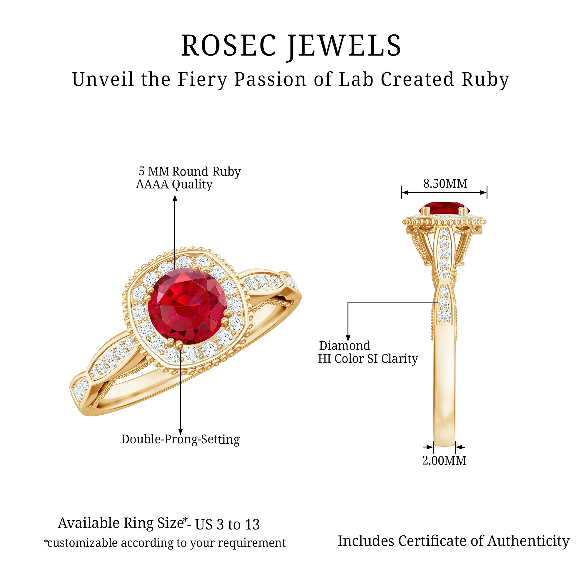 Vintage Inspired Round Created Ruby Engagement Ring with Diamond Halo Lab Created Ruby - ( AAAA ) - Quality - Rosec Jewels