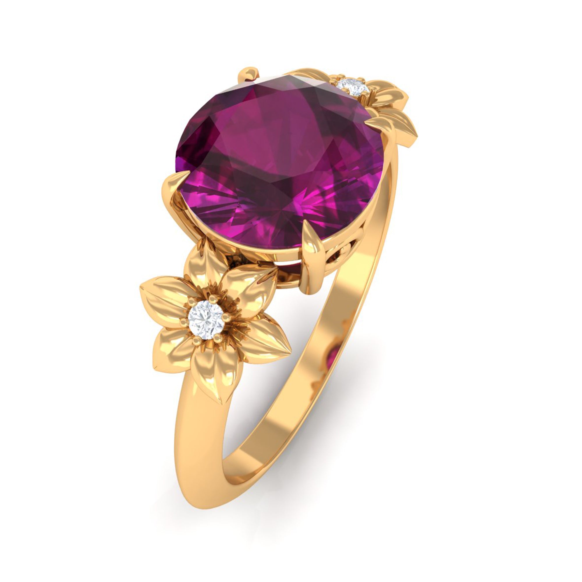 Round Rhodolite Solitaire Flower Engagement Ring with Diamond Rhodolite - ( AAA ) - Quality - Rosec Jewels