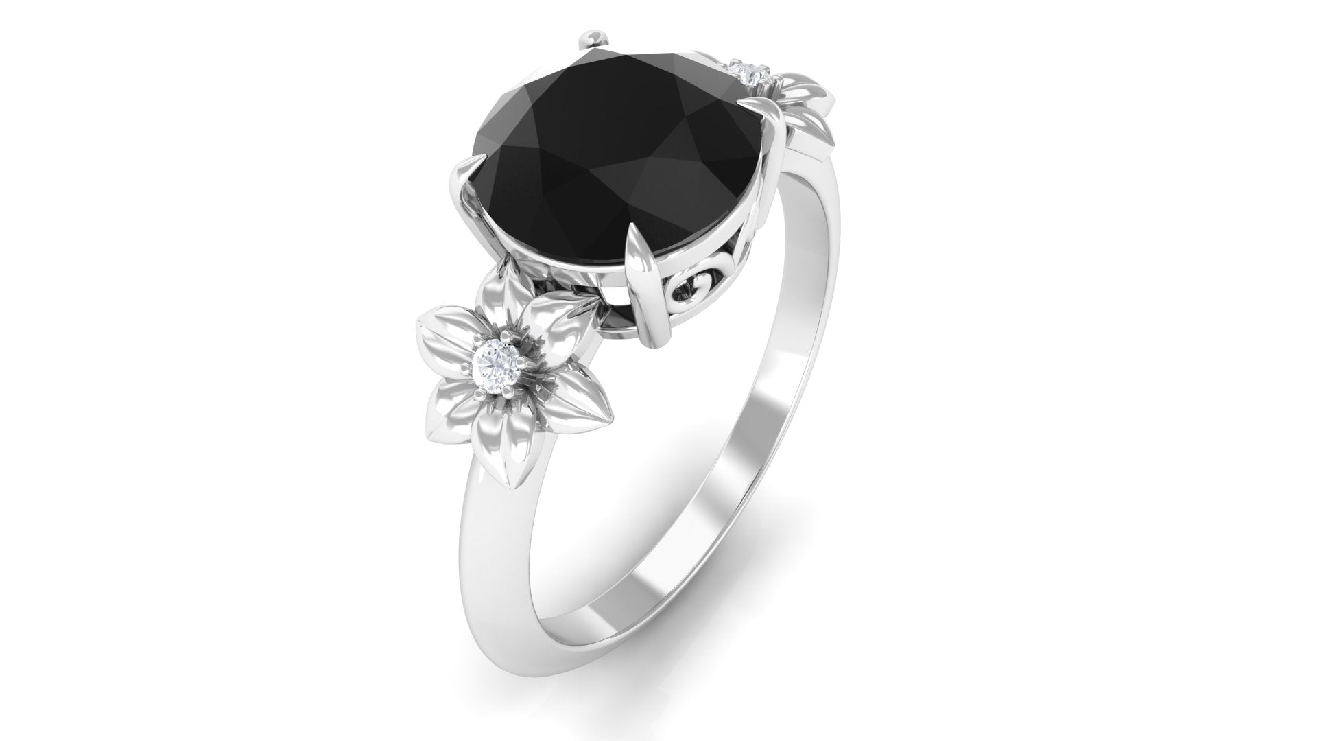 Created Black Diamond Solitaire Flower Engagement Ring with Accent Lab Created Black Diamond - ( AAAA ) - Quality - Rosec Jewels
