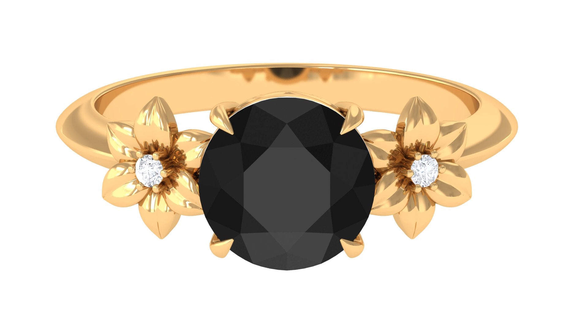 Created Black Diamond Solitaire Flower Engagement Ring with Accent Lab Created Black Diamond - ( AAAA ) - Quality - Rosec Jewels