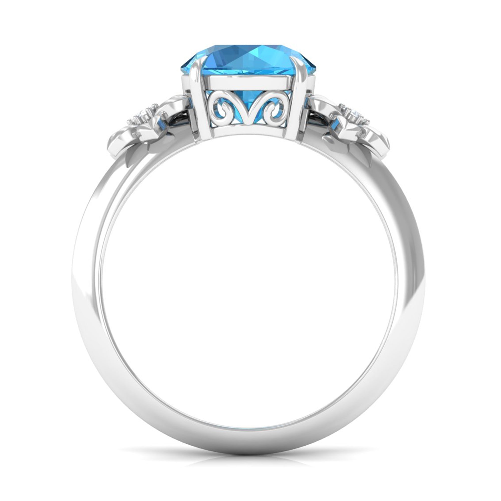 2 CT Round Swiss Blue Topaz Solitaire Flower Engagement Ring with Diamond Swiss Blue Topaz - ( AAA ) - Quality - Rosec Jewels