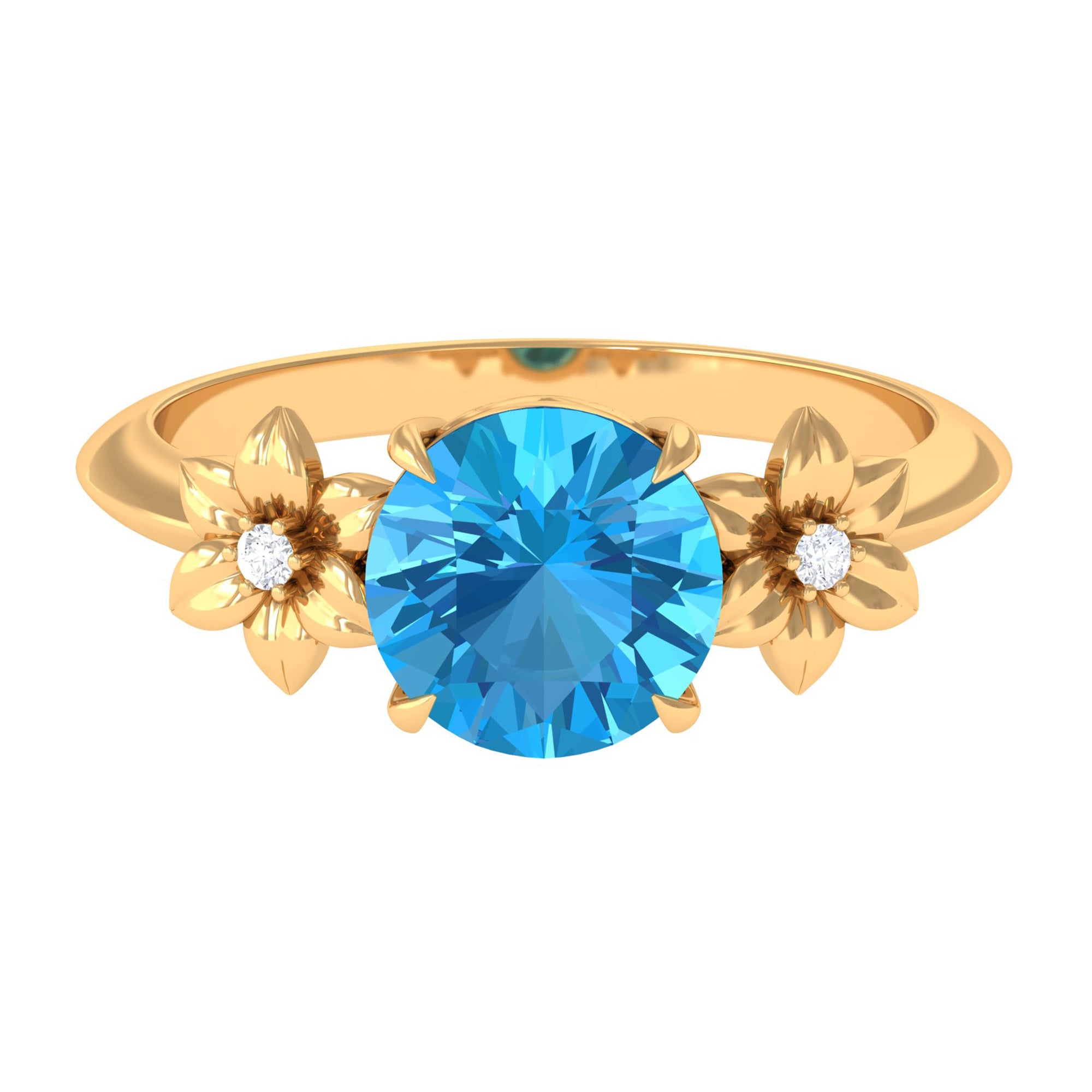 2 CT Round Swiss Blue Topaz Solitaire Flower Engagement Ring with Diamond Swiss Blue Topaz - ( AAA ) - Quality - Rosec Jewels