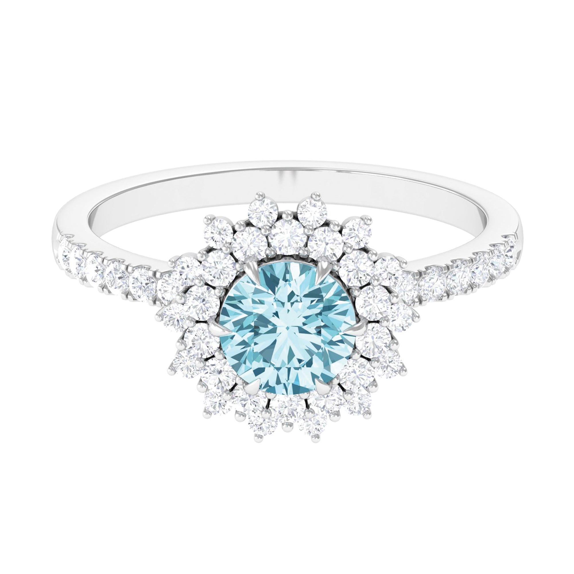 Aquamarine and Moissanite Cluster Halo Engagement Ring Aquamarine - ( AAA ) - Quality - Rosec Jewels