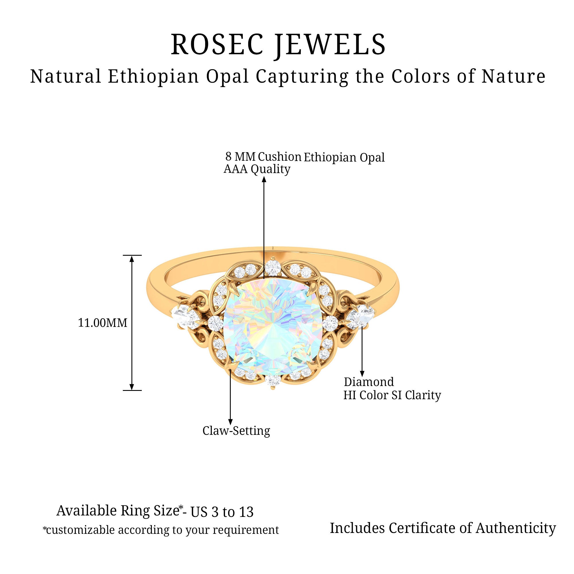 Cushion Cut Ethiopian Opal Cocktail Engagement Ring with Diamond Accent Ethiopian Opal - ( AAA ) - Quality - Rosec Jewels