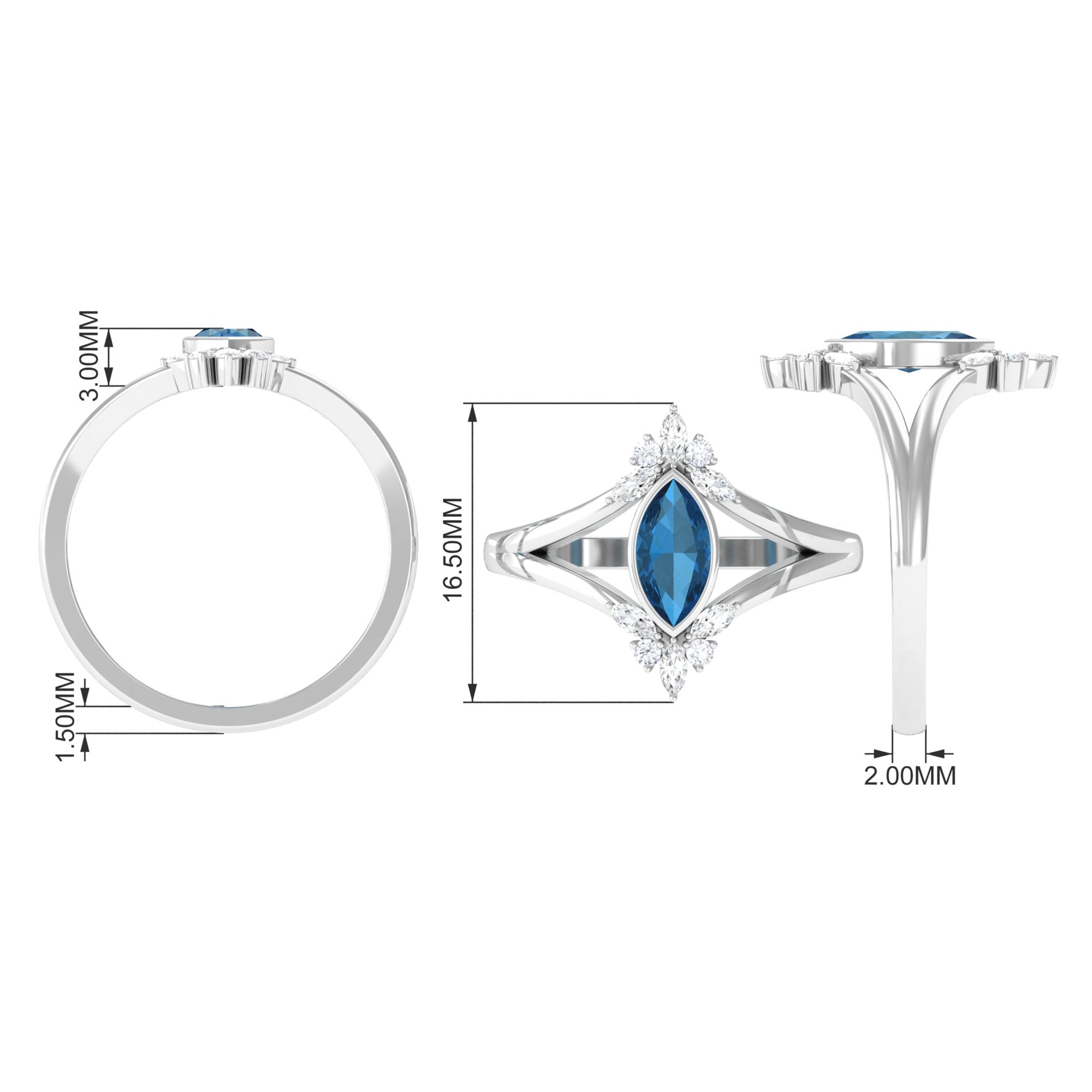 London Blue Topaz Split Shank Engagement Ring With Diamond London Blue Topaz - ( AAA ) - Quality - Rosec Jewels