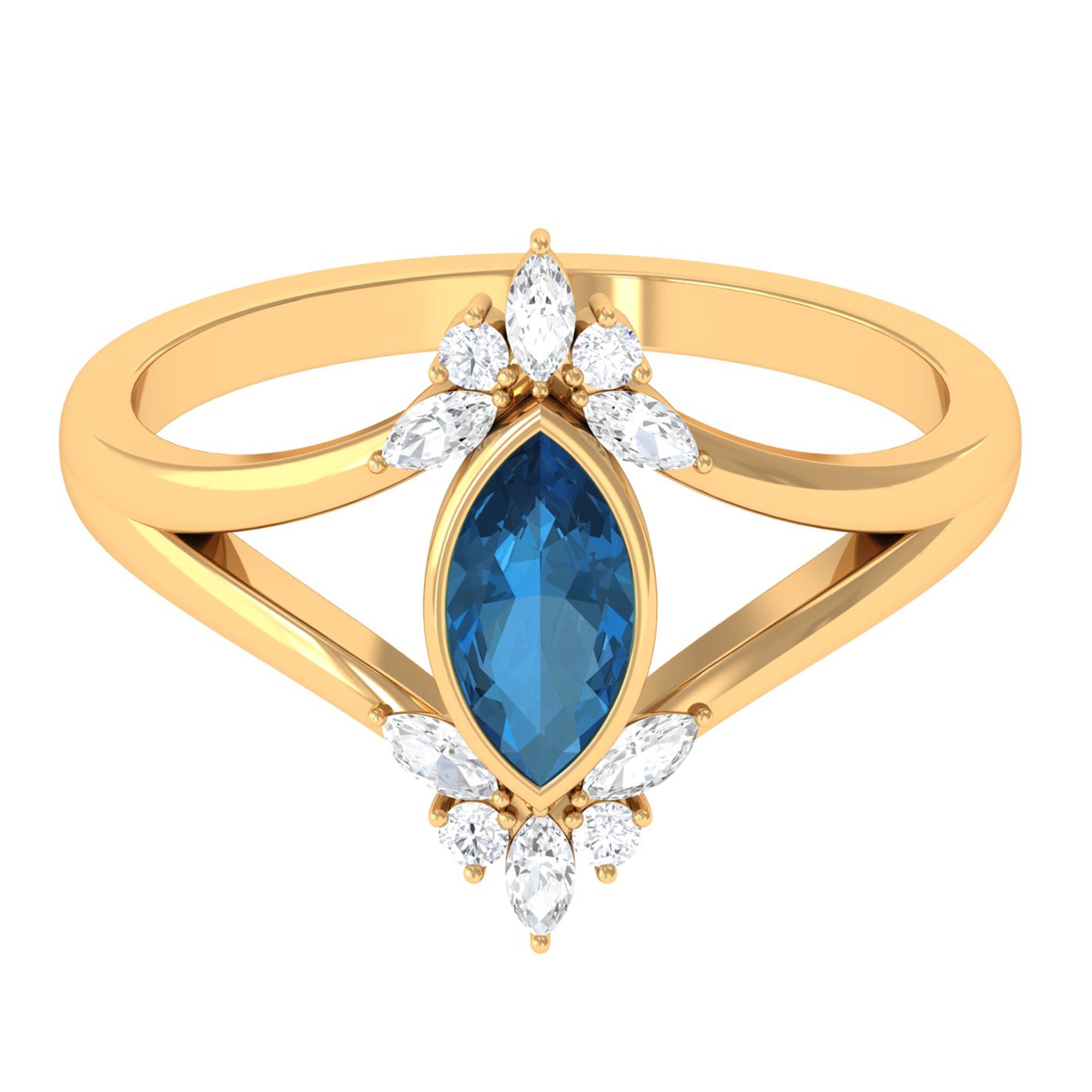 London Blue Topaz Split Shank Engagement Ring With Diamond London Blue Topaz - ( AAA ) - Quality - Rosec Jewels