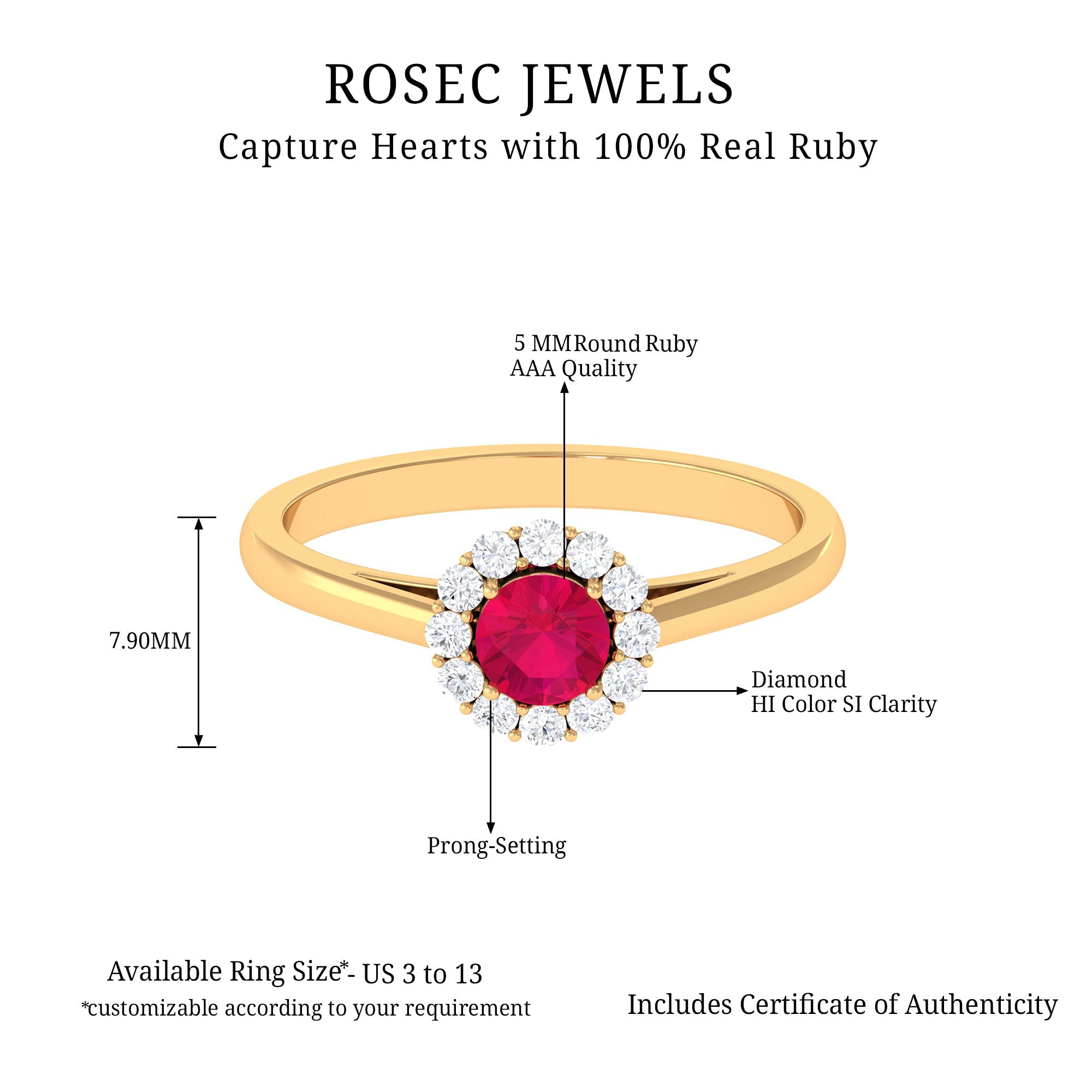 Round Ruby and Diamond Halo Engagement Ring Ruby - ( AAA ) - Quality - Rosec Jewels