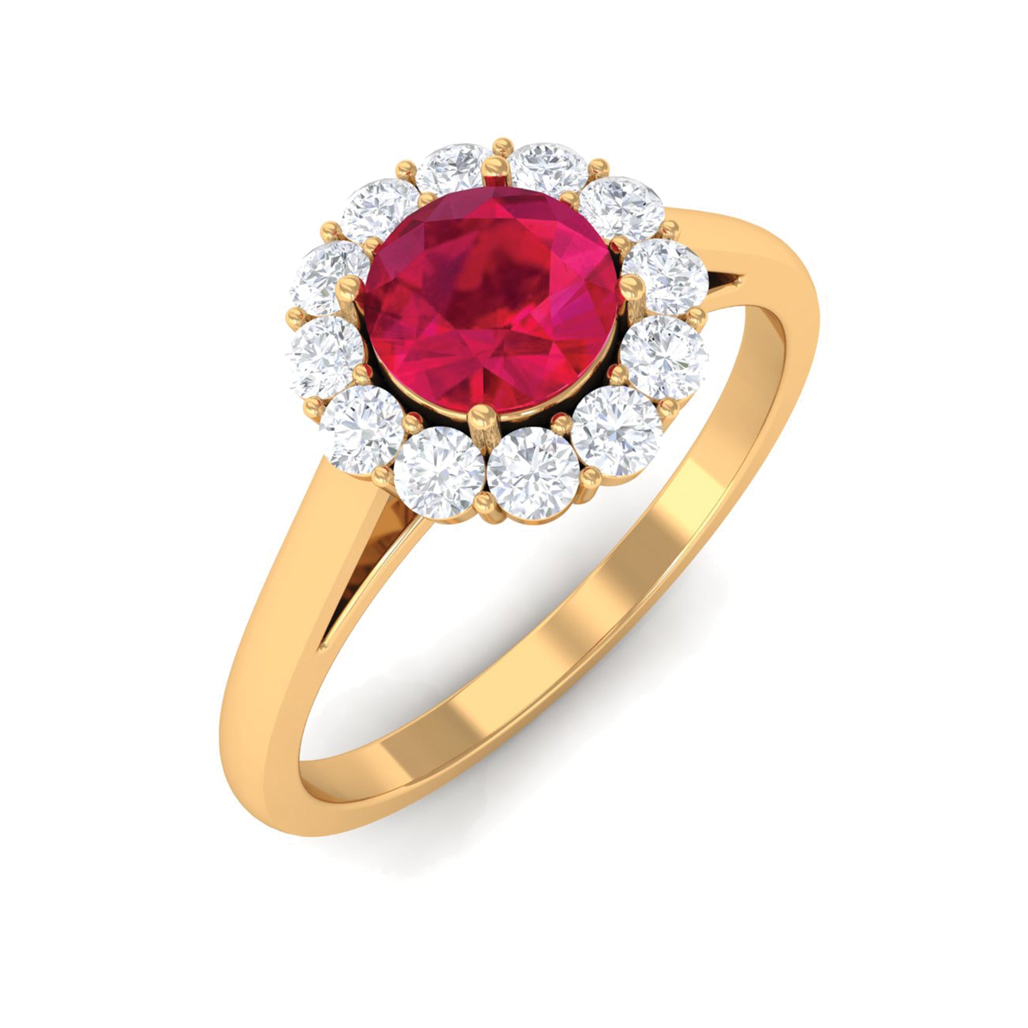 Round Ruby and Diamond Halo Engagement Ring Ruby - ( AAA ) - Quality - Rosec Jewels