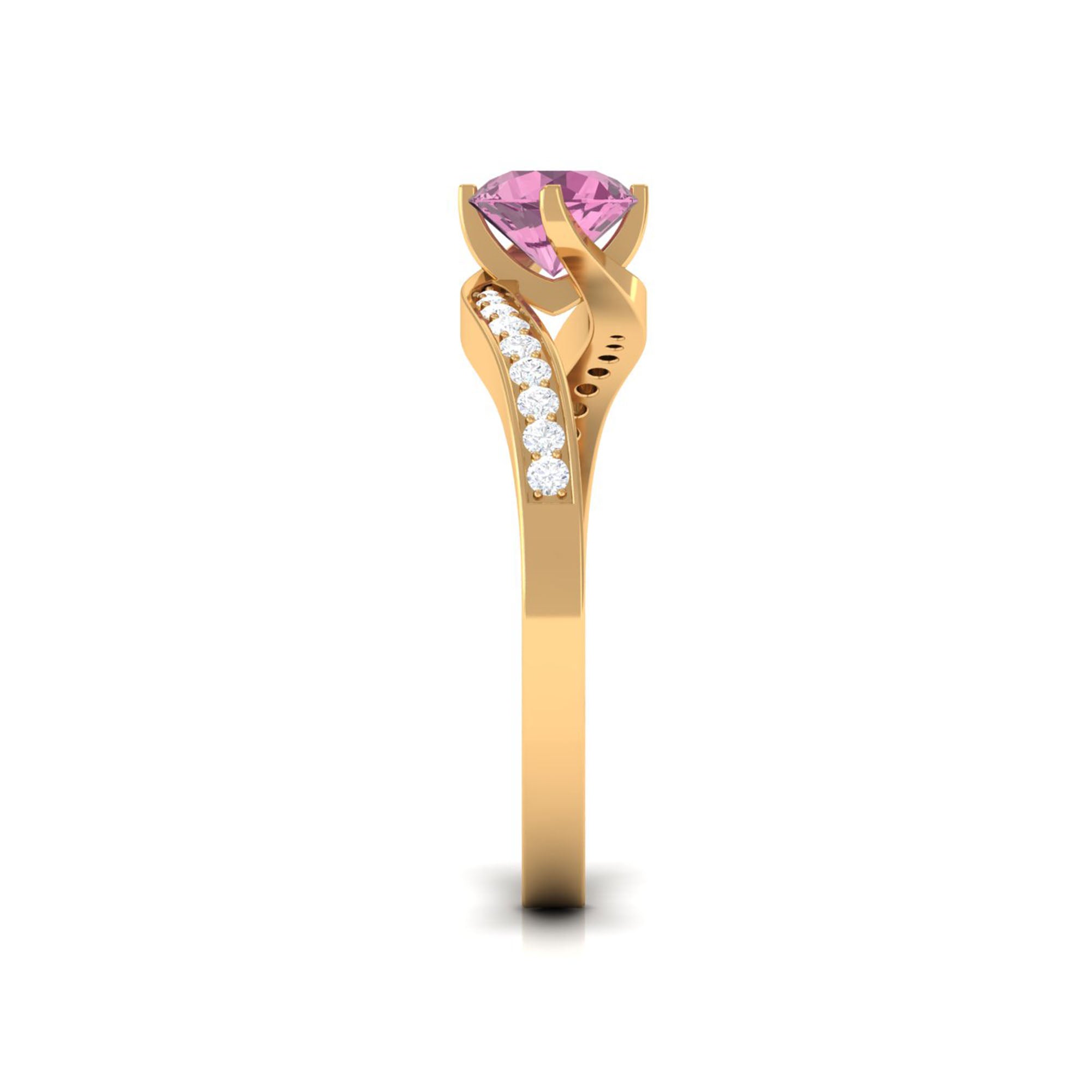 Pink Tourmaline Solitaire Bypass Ring with Diamond Pink Tourmaline - ( AAA ) - Quality - Rosec Jewels