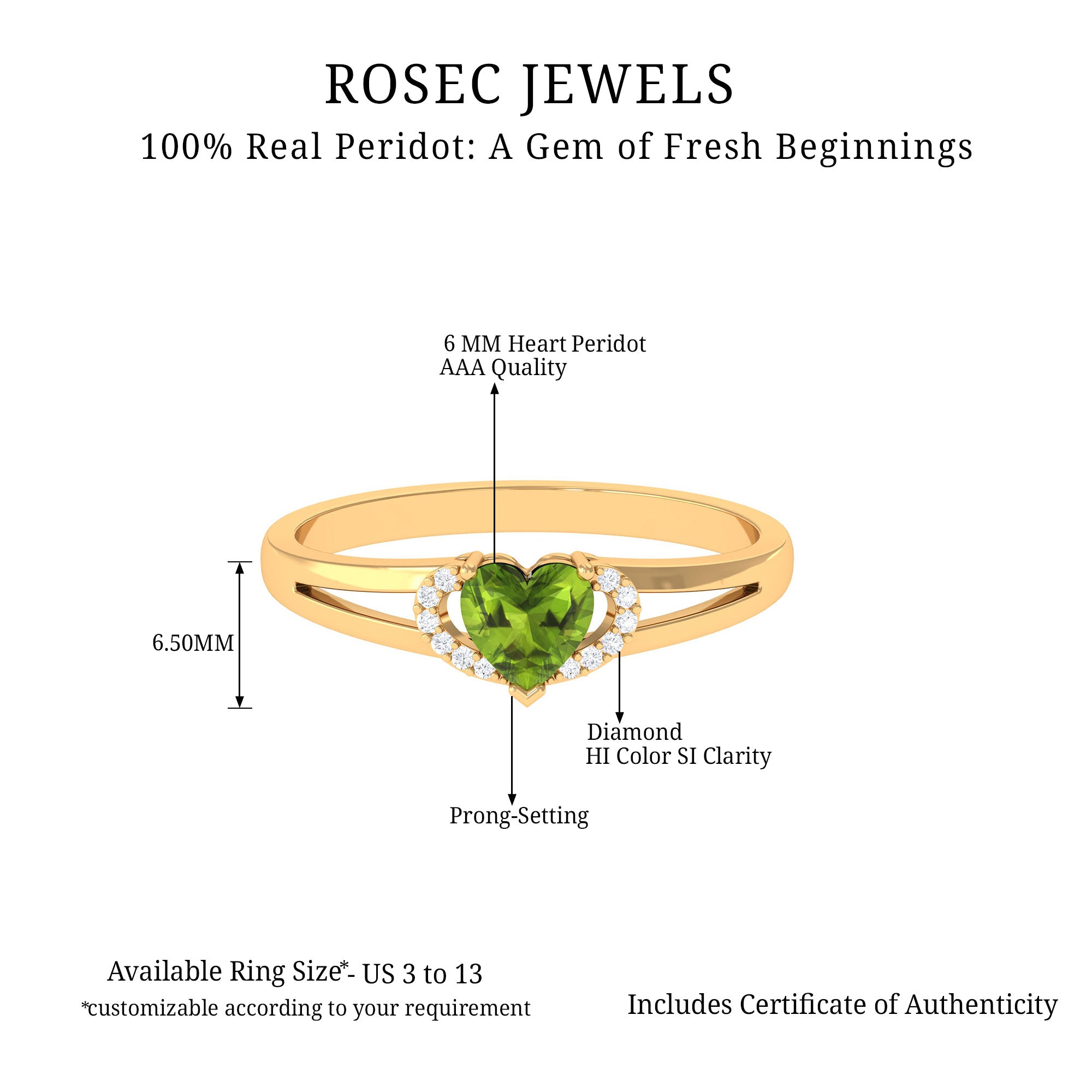 Real Peridot Heart Promise Ring with Diamond Peridot - ( AAA ) - Quality - Rosec Jewels