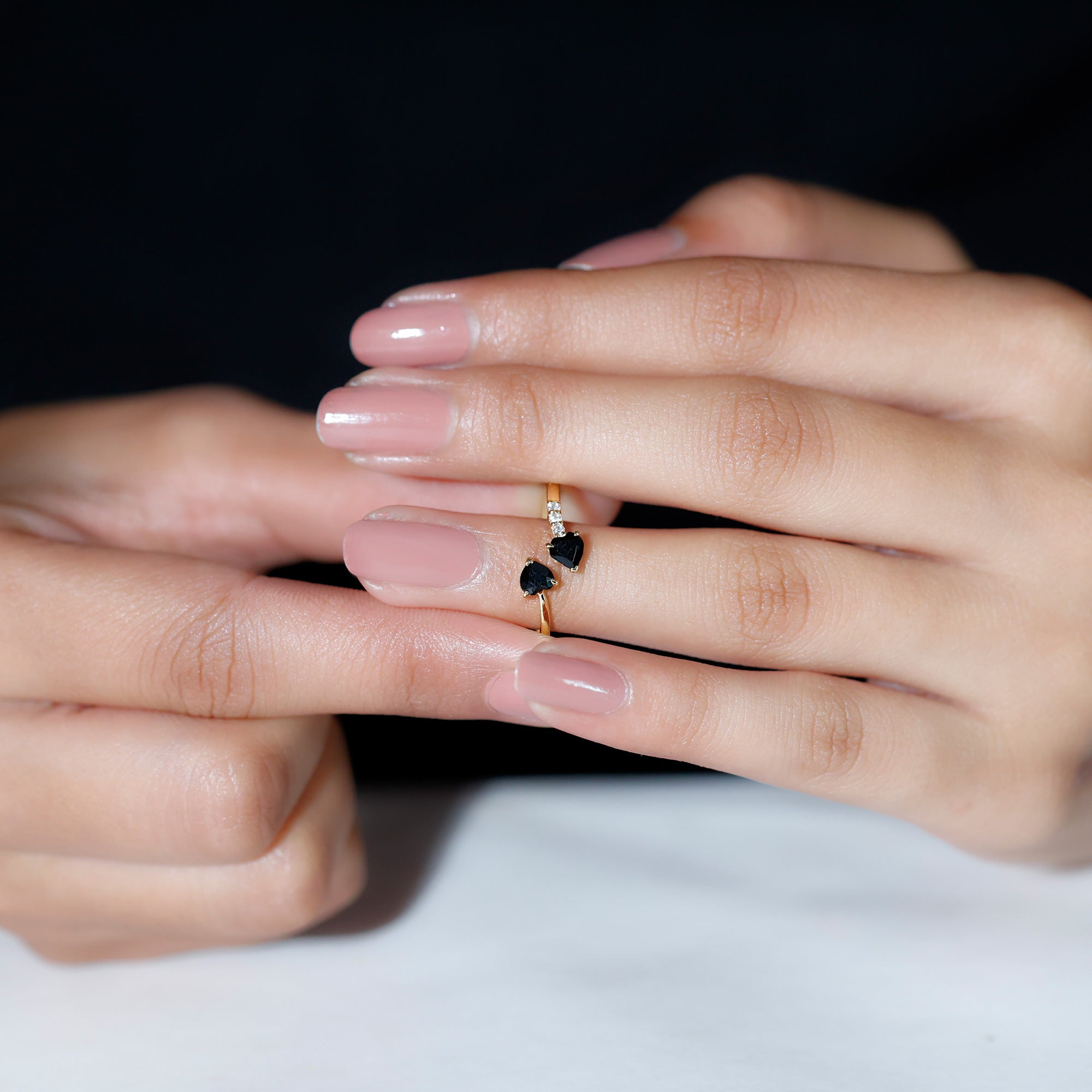 Heart Shape Black Onyx Two Stone Wrap Ring with Diamond Black Onyx - ( AAA ) - Quality - Rosec Jewels