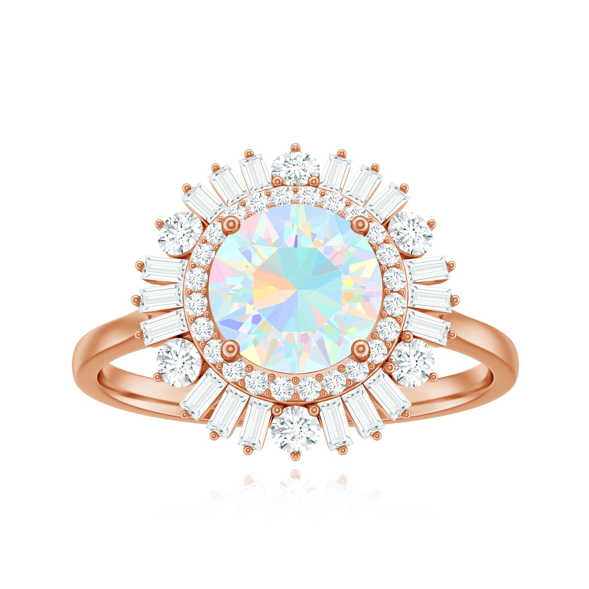 Round Ethiopian Opal Cocktail Ring with Moissanite Double Halo Ethiopian Opal - ( AAA ) - Quality - Rosec Jewels