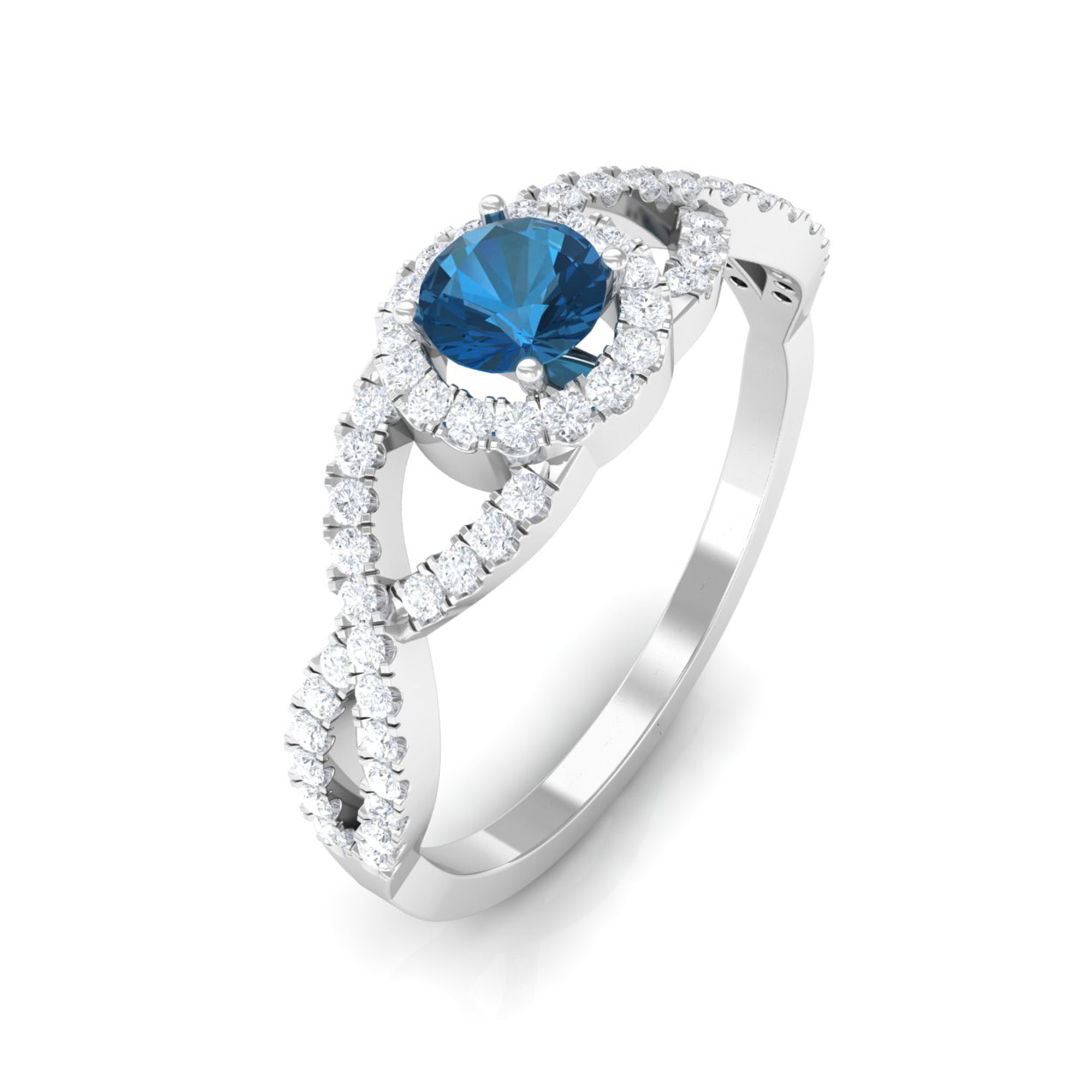 Criss Cross Shank London Blue Topaz and Diamond Halo Engagement Ring London Blue Topaz - ( AAA ) - Quality - Rosec Jewels