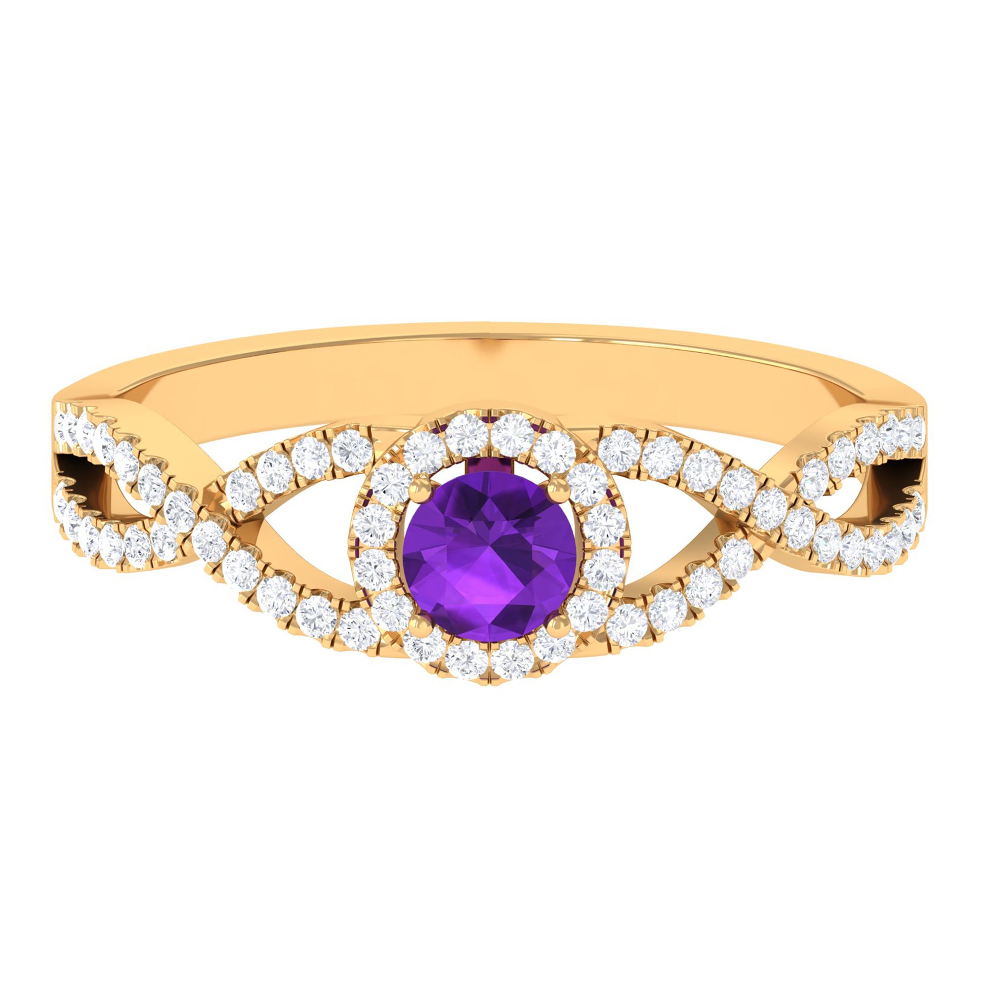 Round Amethyst and Diamond Criss Cross Engagement Ring Amethyst - ( AAA ) - Quality - Rosec Jewels