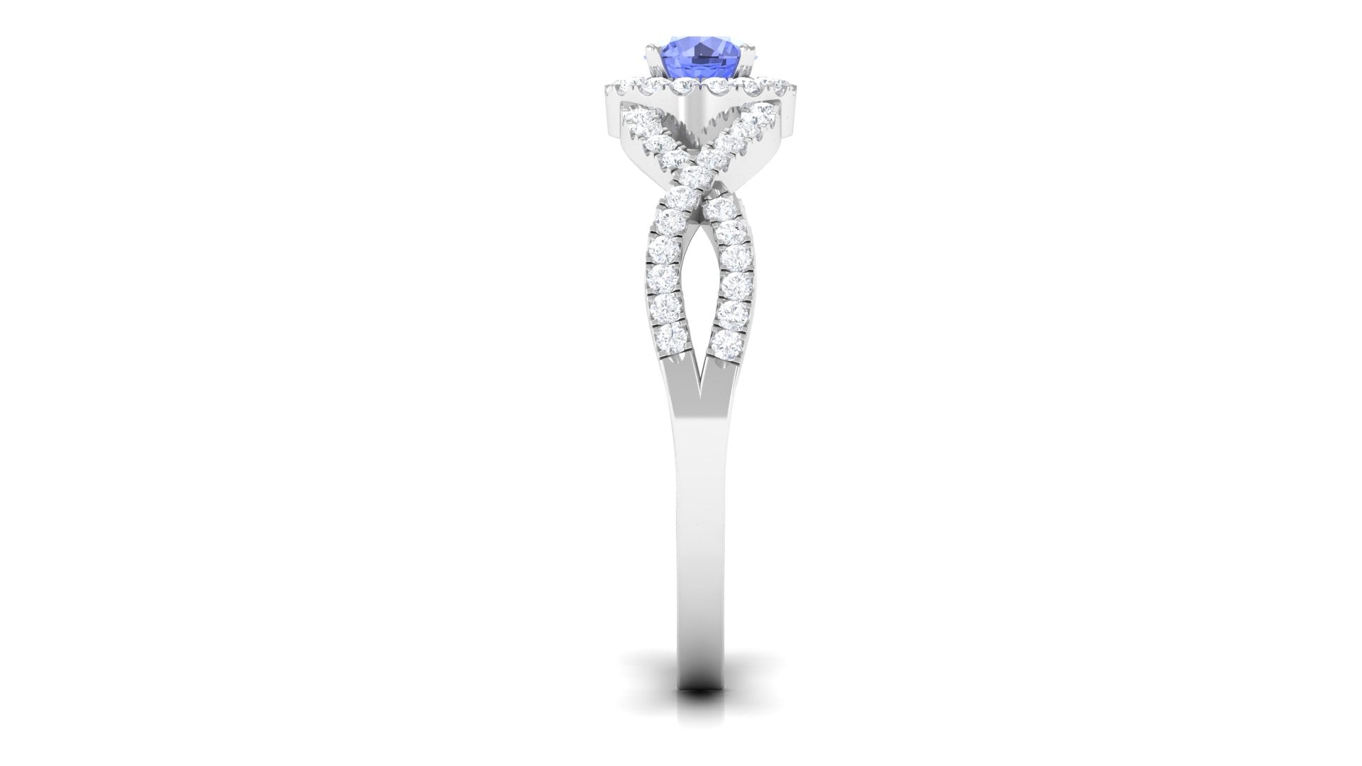 Round Tanzanite Crisscross Engagement Ring with Diamond Halo Tanzanite - ( AAA ) - Quality - Rosec Jewels