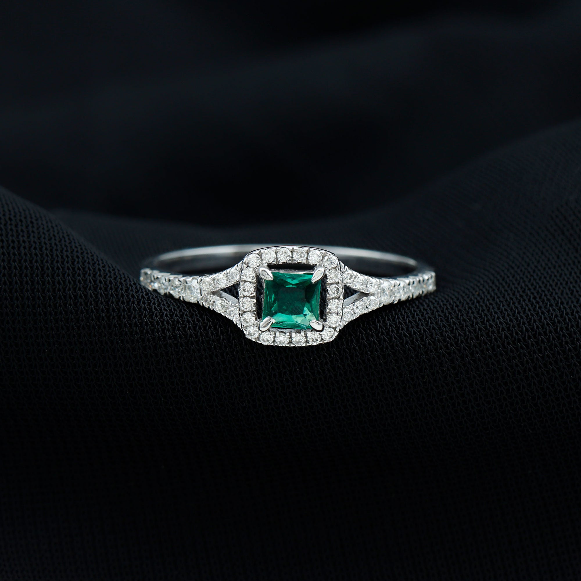 Princess Cut Lab Grown Emerald Designer Ring with Diamond Split Shank Lab Created Emerald - ( AAAA ) - Quality - Rosec Jewels