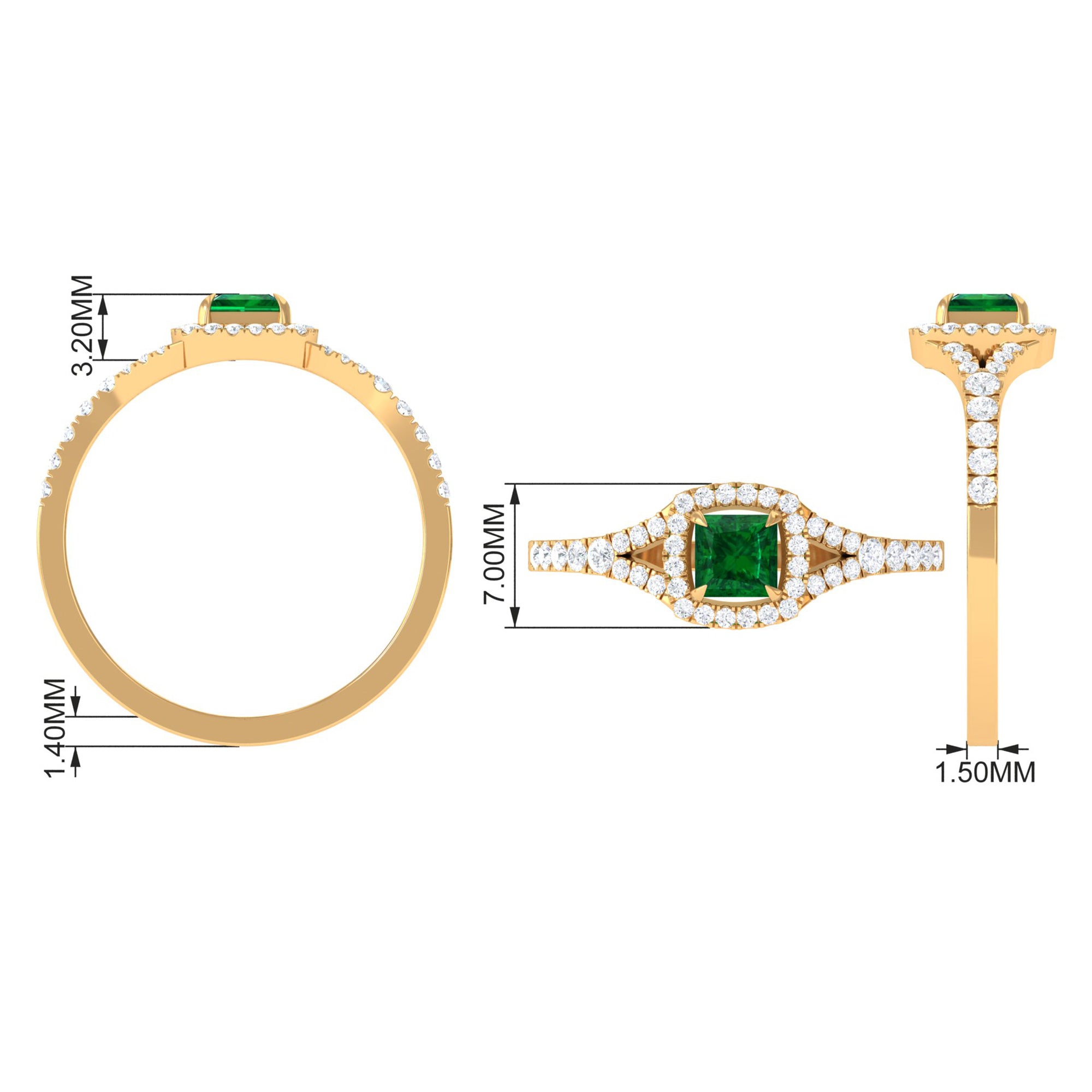 Princess Cut Lab Grown Emerald Designer Ring with Diamond Split Shank Lab Created Emerald - ( AAAA ) - Quality - Rosec Jewels