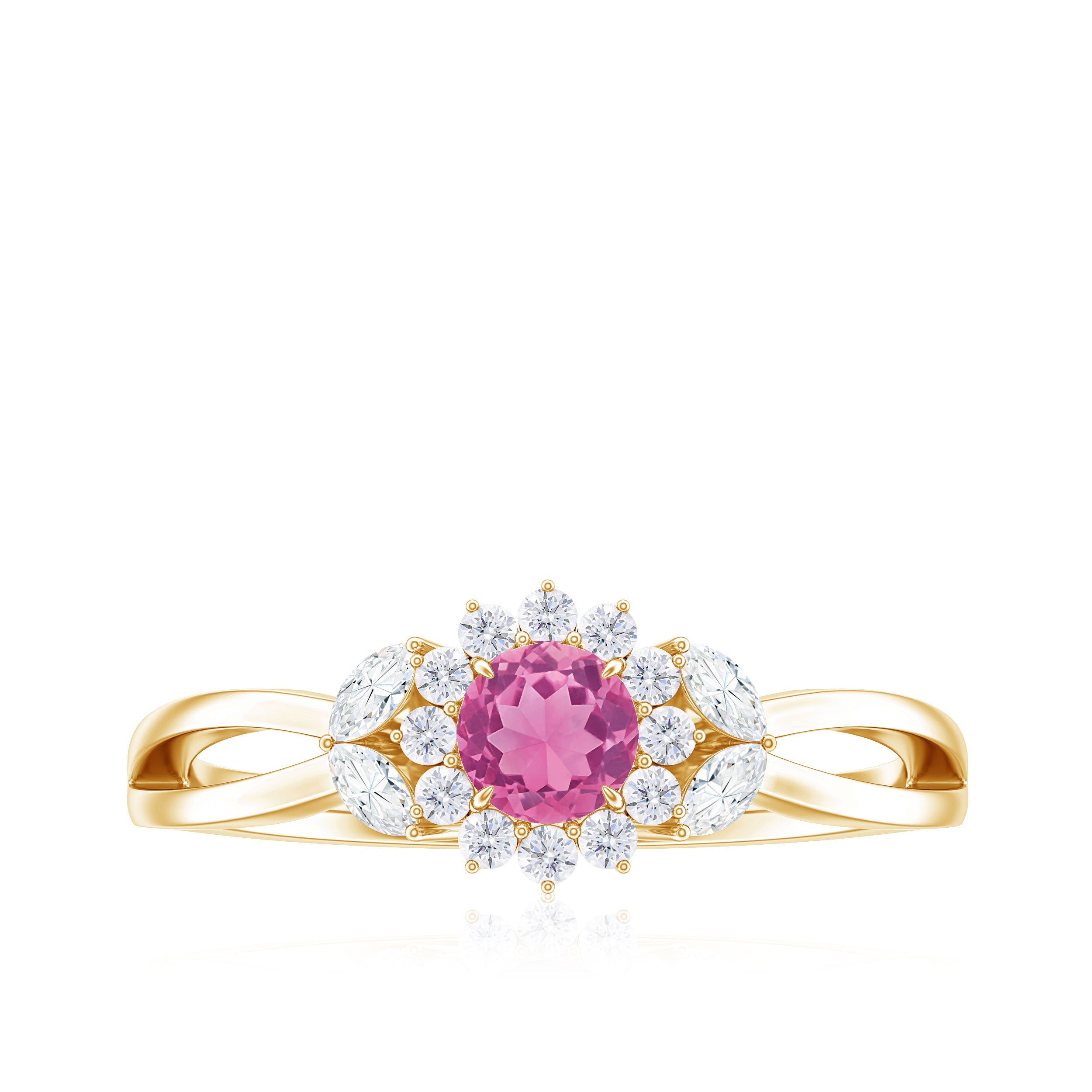 Pink Tourmaline and Diamond Flower Engagement Ring with Split Shank Pink Tourmaline - ( AAA ) - Quality - Rosec Jewels