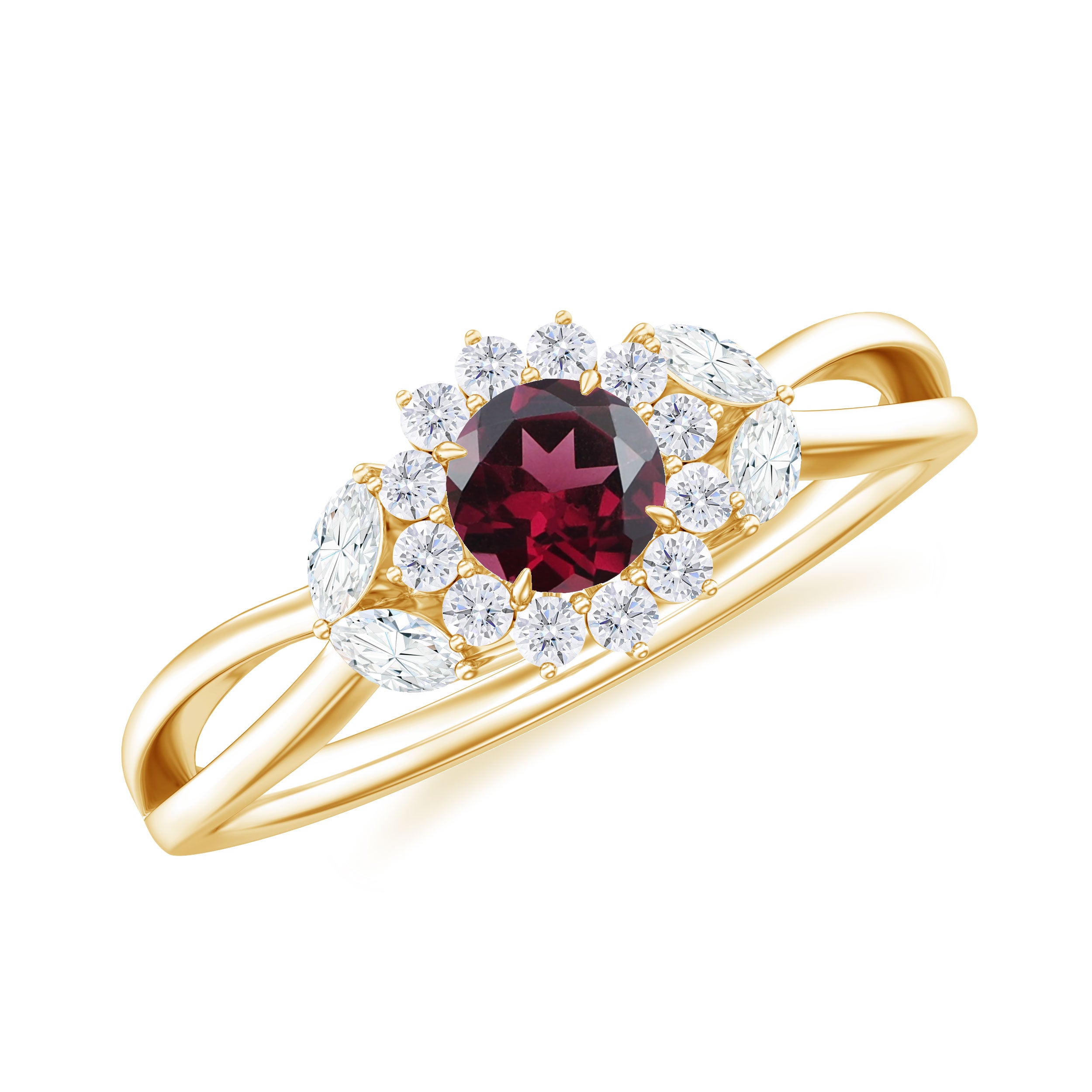 Rhodolite and Diamond Flower Engagement Ring with Split Shank Rhodolite - ( AAA ) - Quality - Rosec Jewels