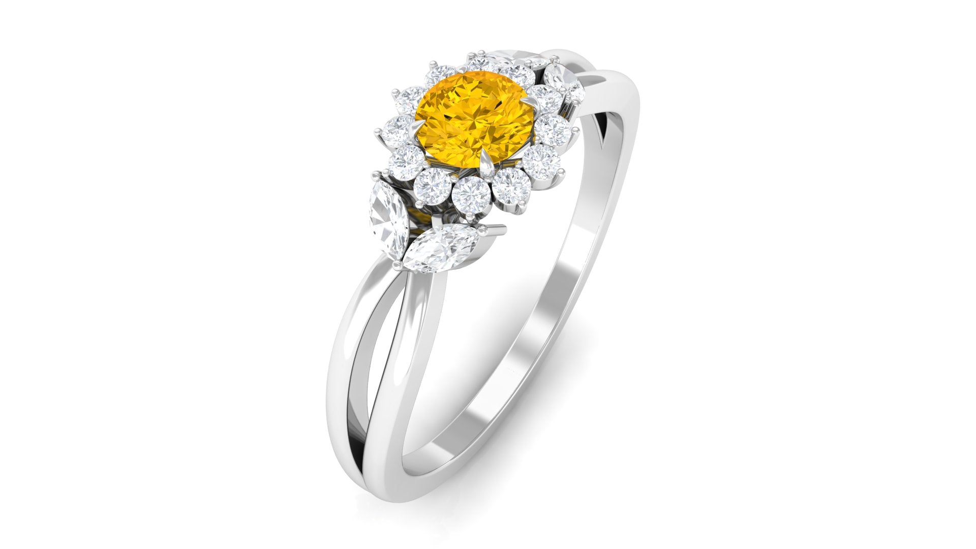 Split Shank Yellow Sapphire Flower Engagement Ring with Diamond Yellow Sapphire - ( AAA ) - Quality - Rosec Jewels